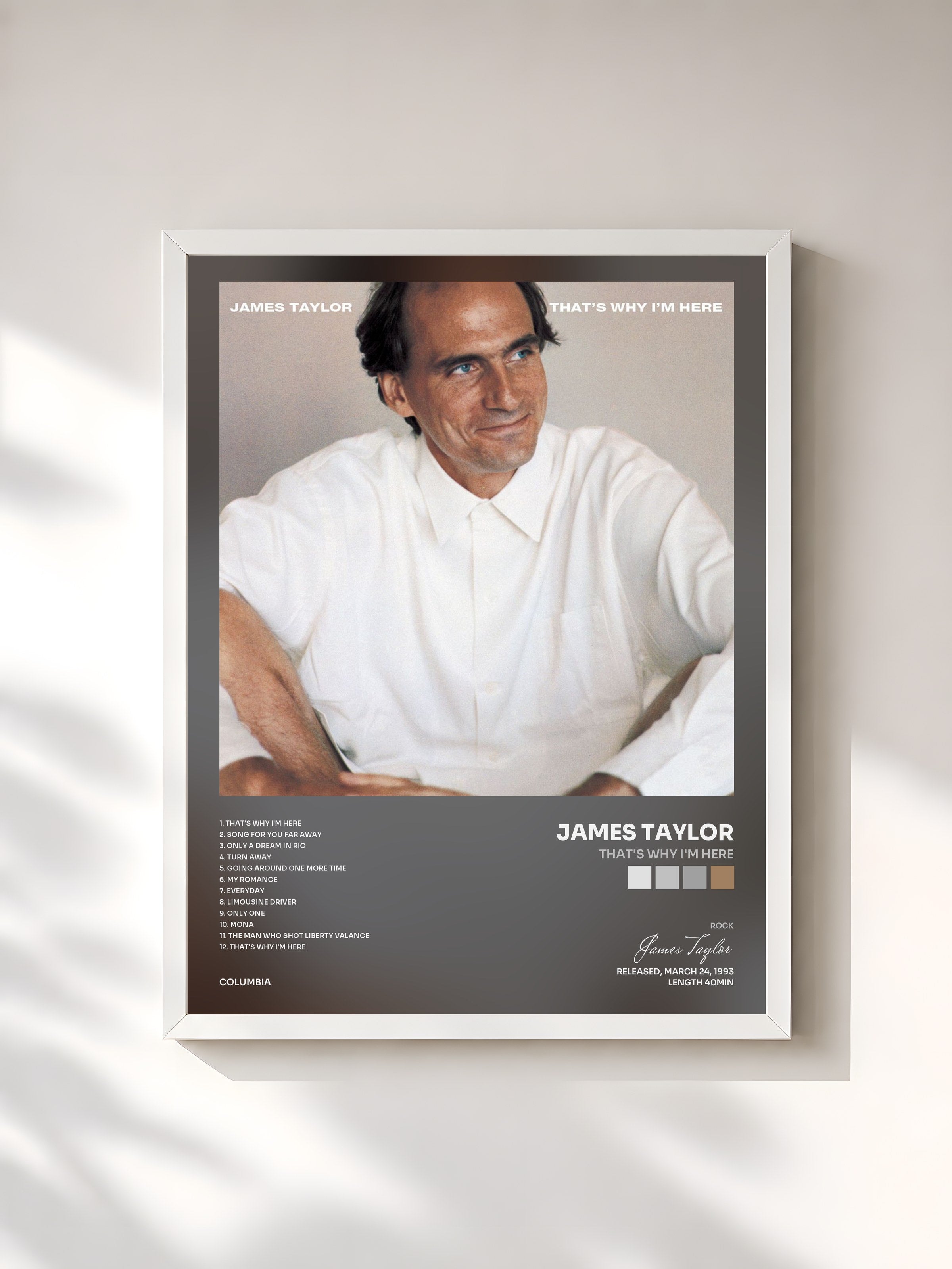 #blanc Tableau de l'album That's Why I'm Here de James Taylor, cadre blanc, imprimé et encadré en France