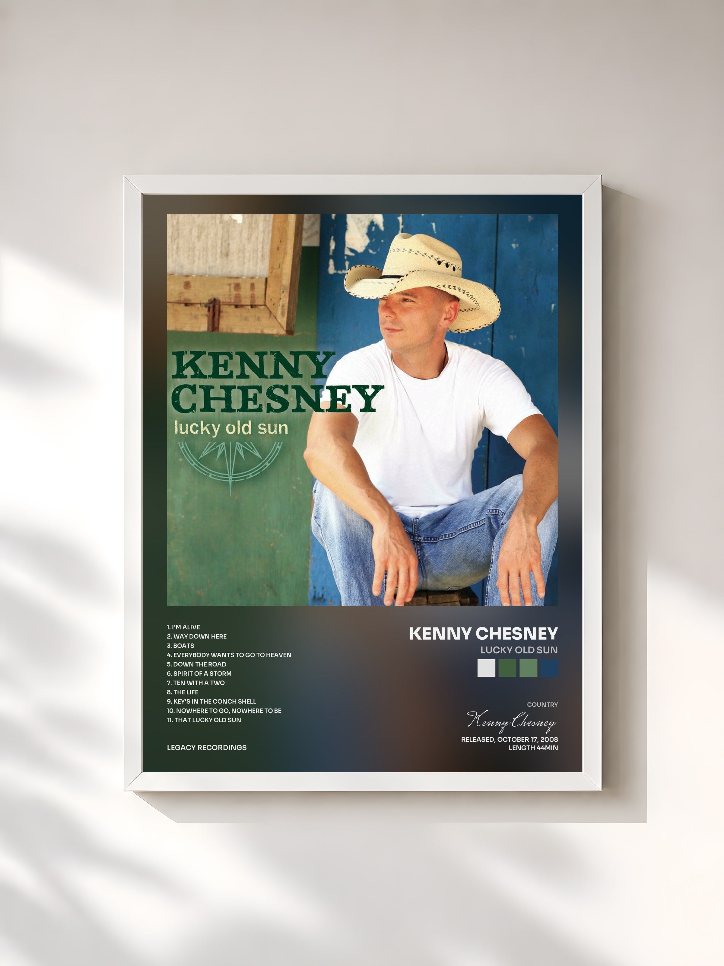 #blanc Tableau de l'album Lucky Old Sun de Kenny Chesney, cadre blanc, imprimé et encadré en France