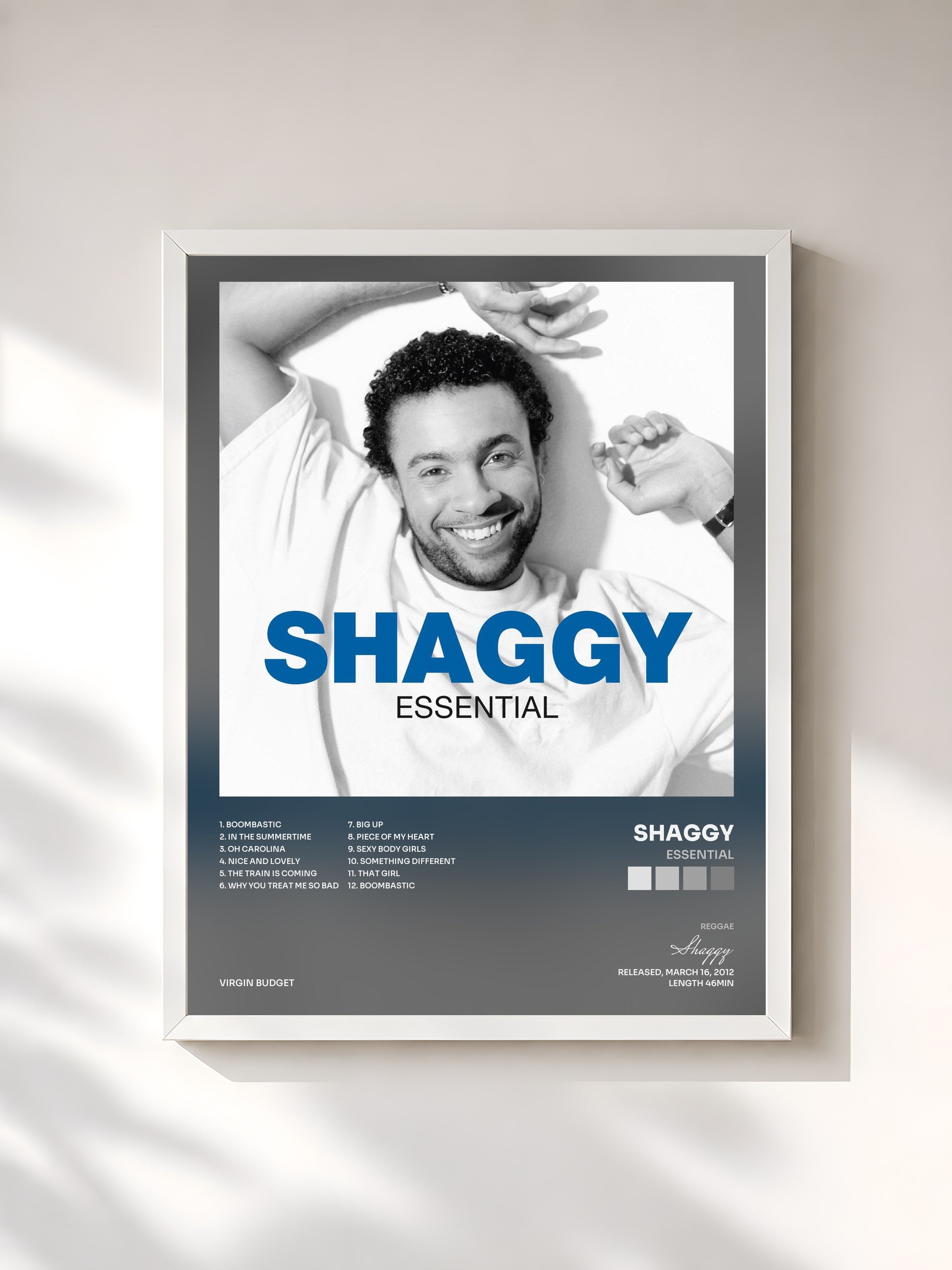 #blanc Tableau de l'album Essential de Shaggy, cadre blanc, imprimé et encadré en France