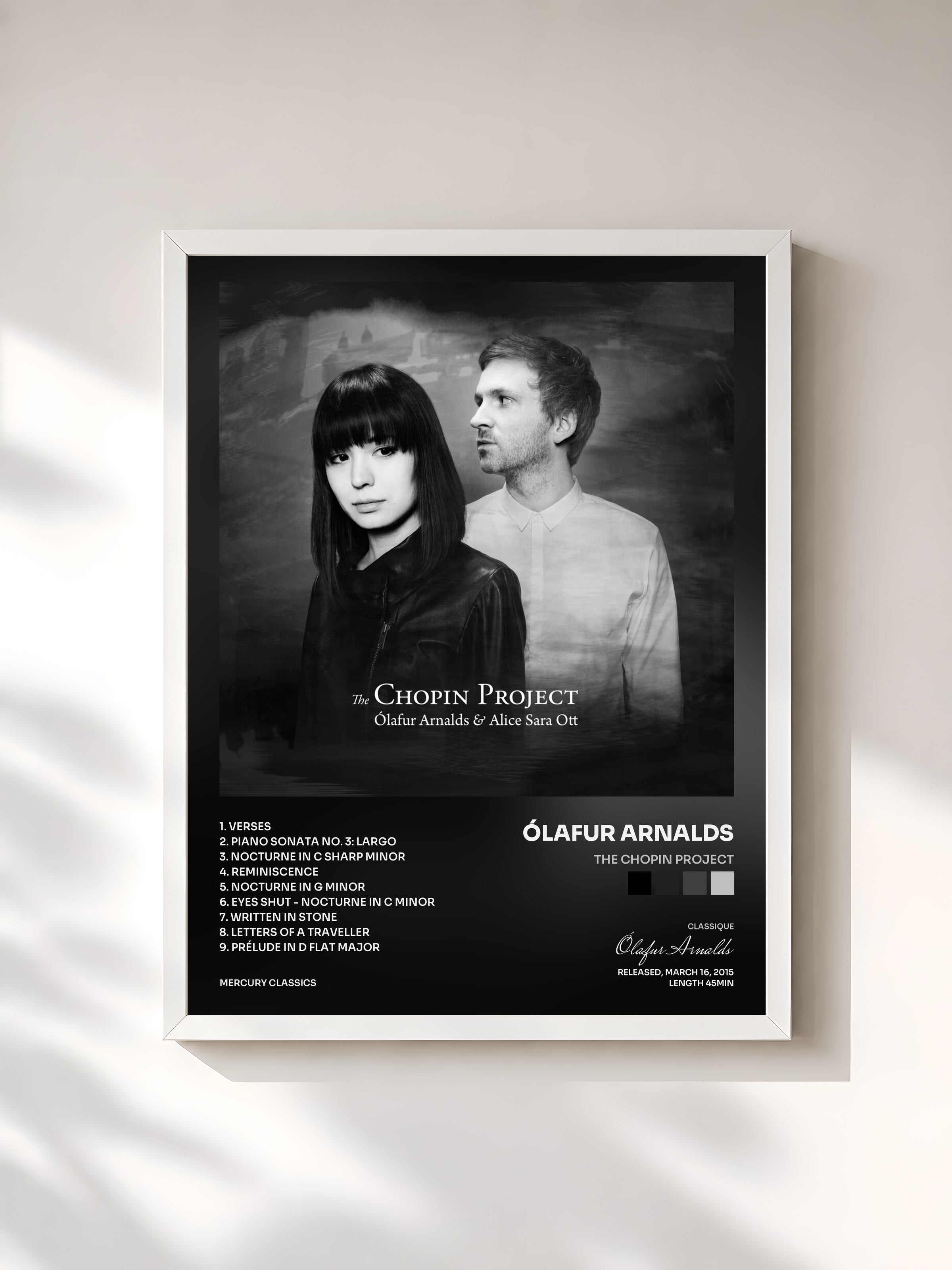 #blanc Tableau de l'album The Chopin Project de Ólafur Arnalds, cadre blanc, imprimé et encadré en France