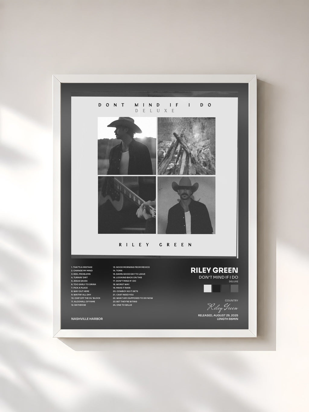 #blanc Tableau de l'album Don't Mind If I Do (Deluxe) de Riley Green, cadre blanc, imprimé et encadré en France
