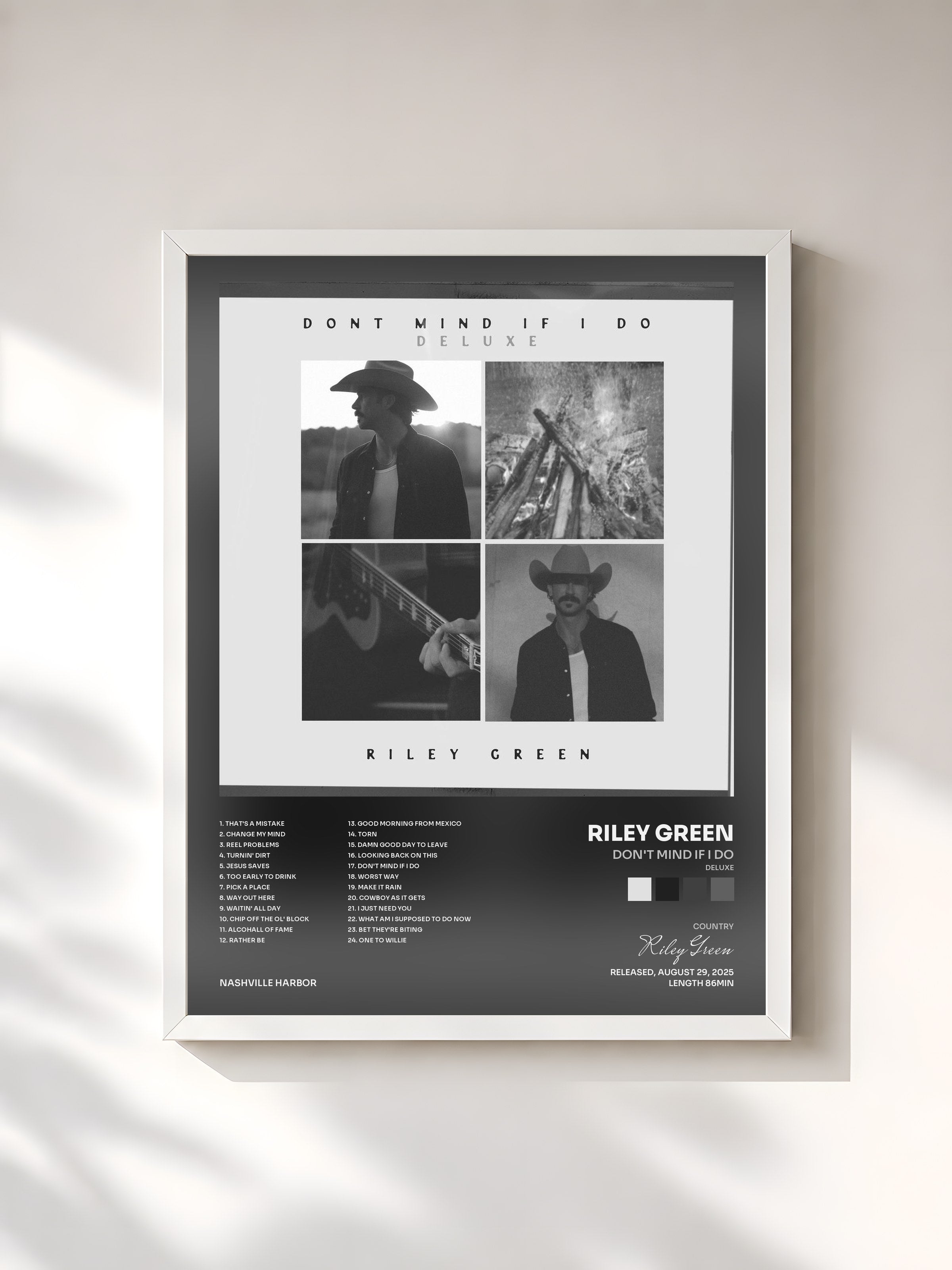#blanc Tableau de l'album Don't Mind If I Do (Deluxe) de Riley Green, cadre blanc, imprimé et encadré en France