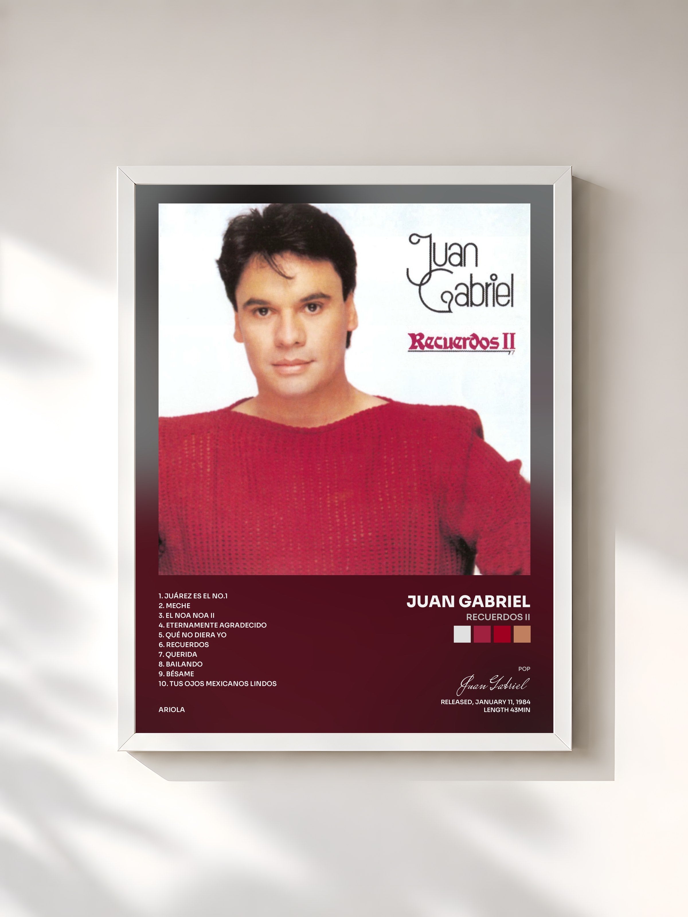 #blanc Tableau de l'album Recuerdos II de Juan Gabriel, cadre blanc, imprimé et encadré en France