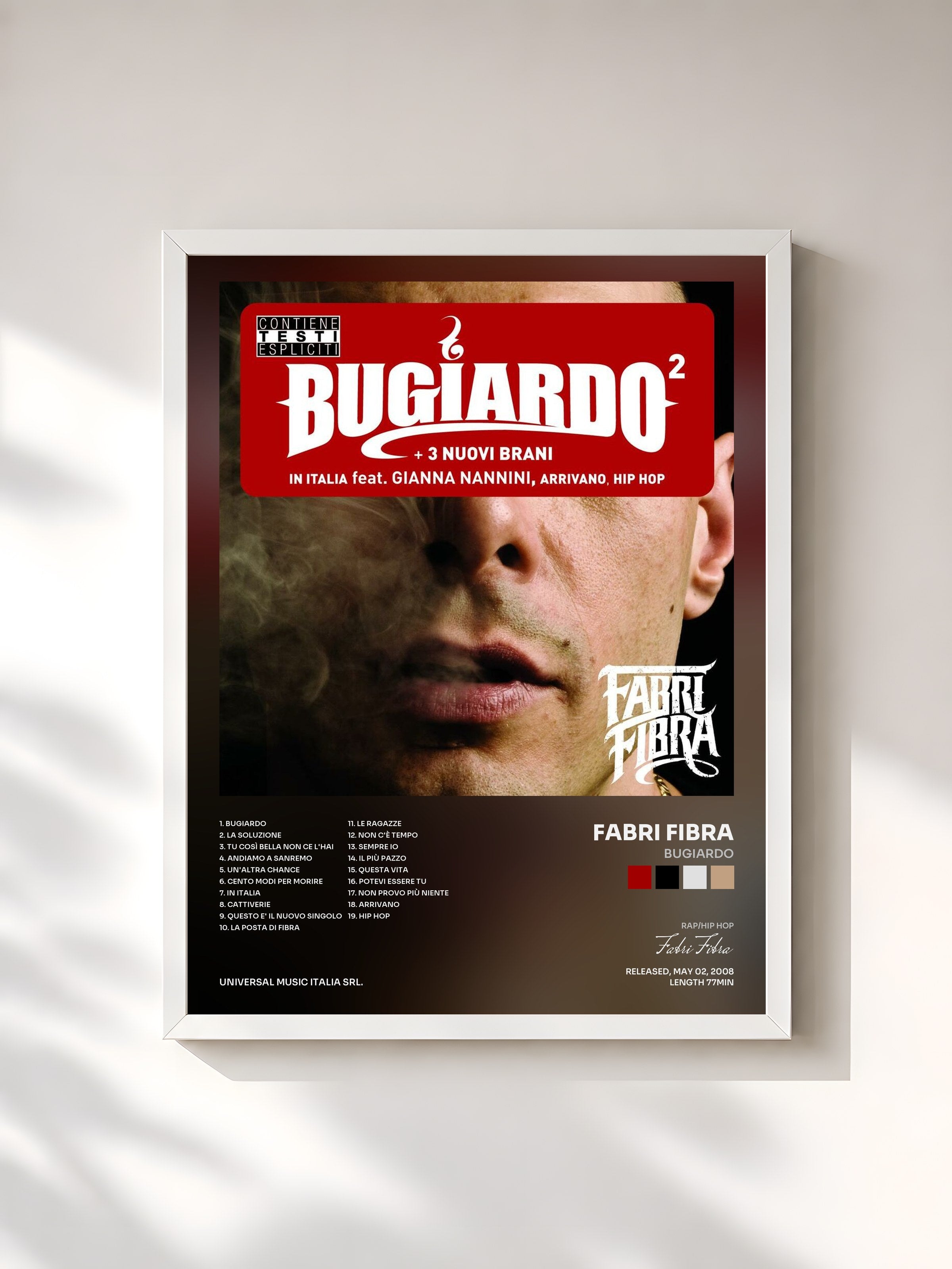 #blanc Tableau de l'album Bugiardo de Fabri Fibra, cadre blanc, imprimé et encadré en France