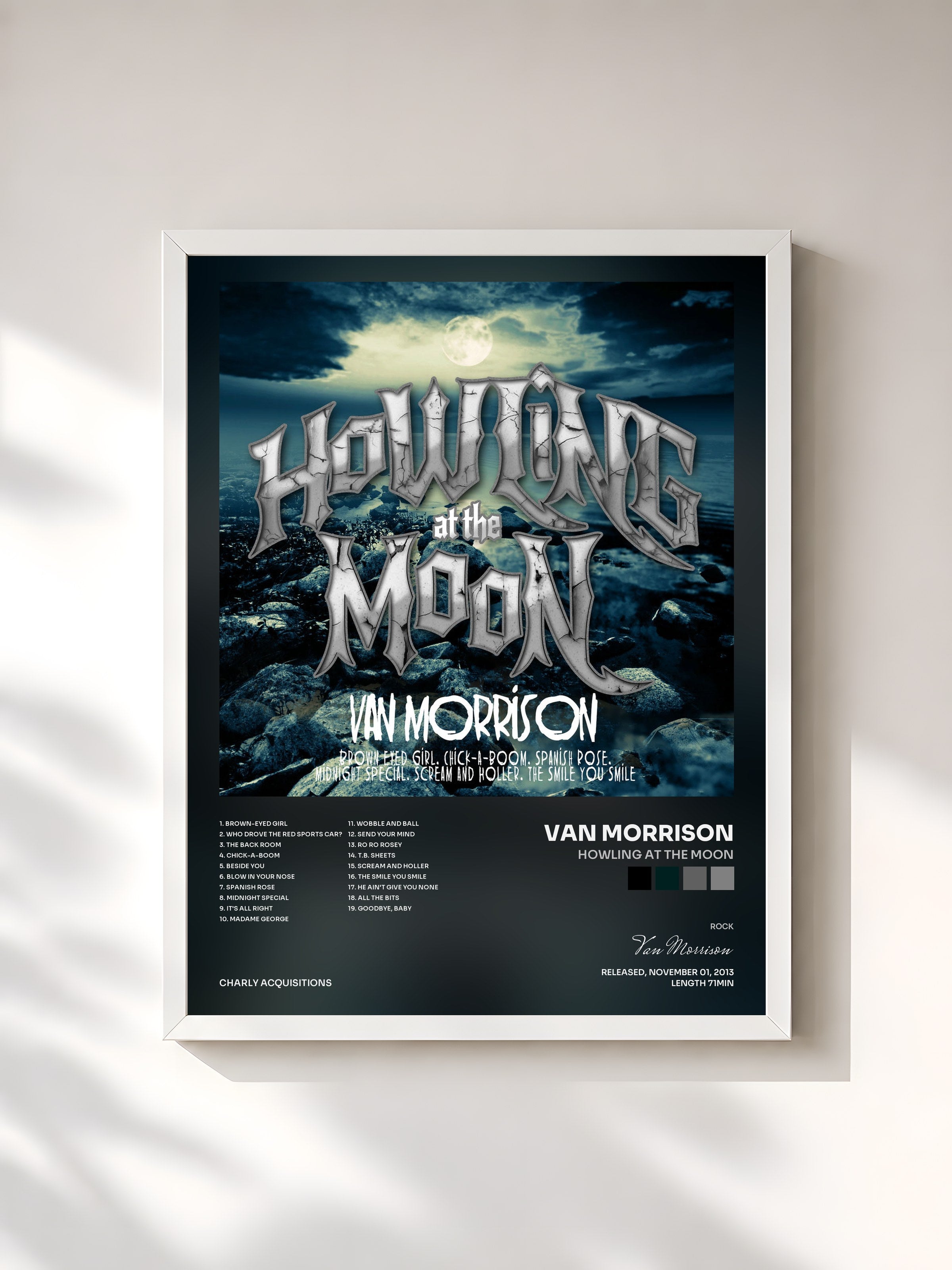 #blanc Tableau de l'album Howling at the Moon de Van Morrison, cadre blanc, imprimé et encadré en France