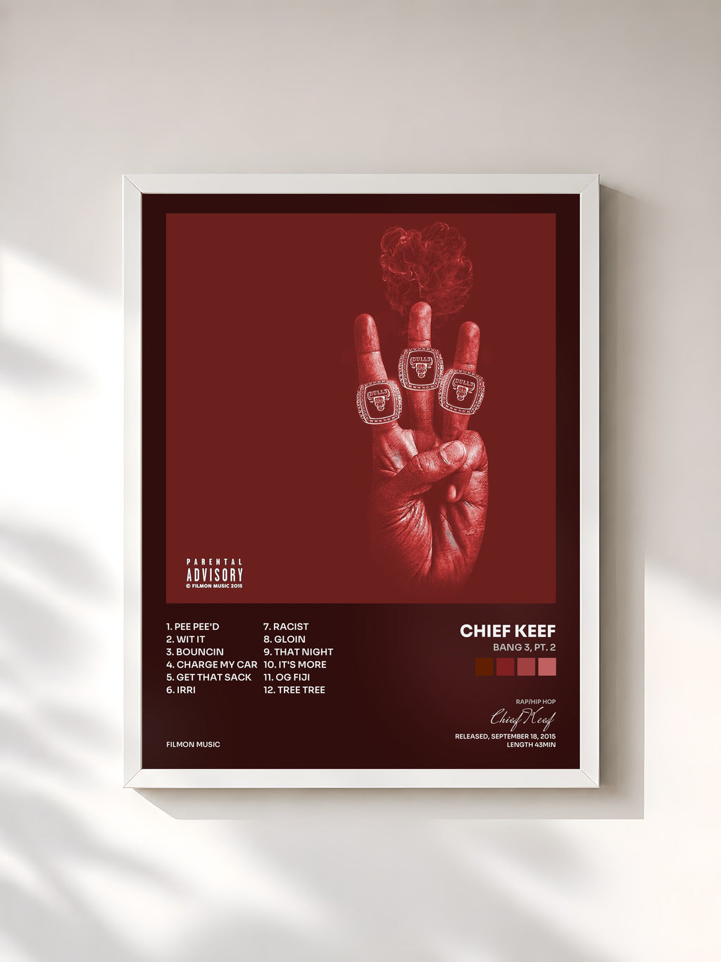 #blanc Tableau de l'album Bang 3, Pt. 2 de Chief Keef, cadre blanc, imprimé et encadré en France