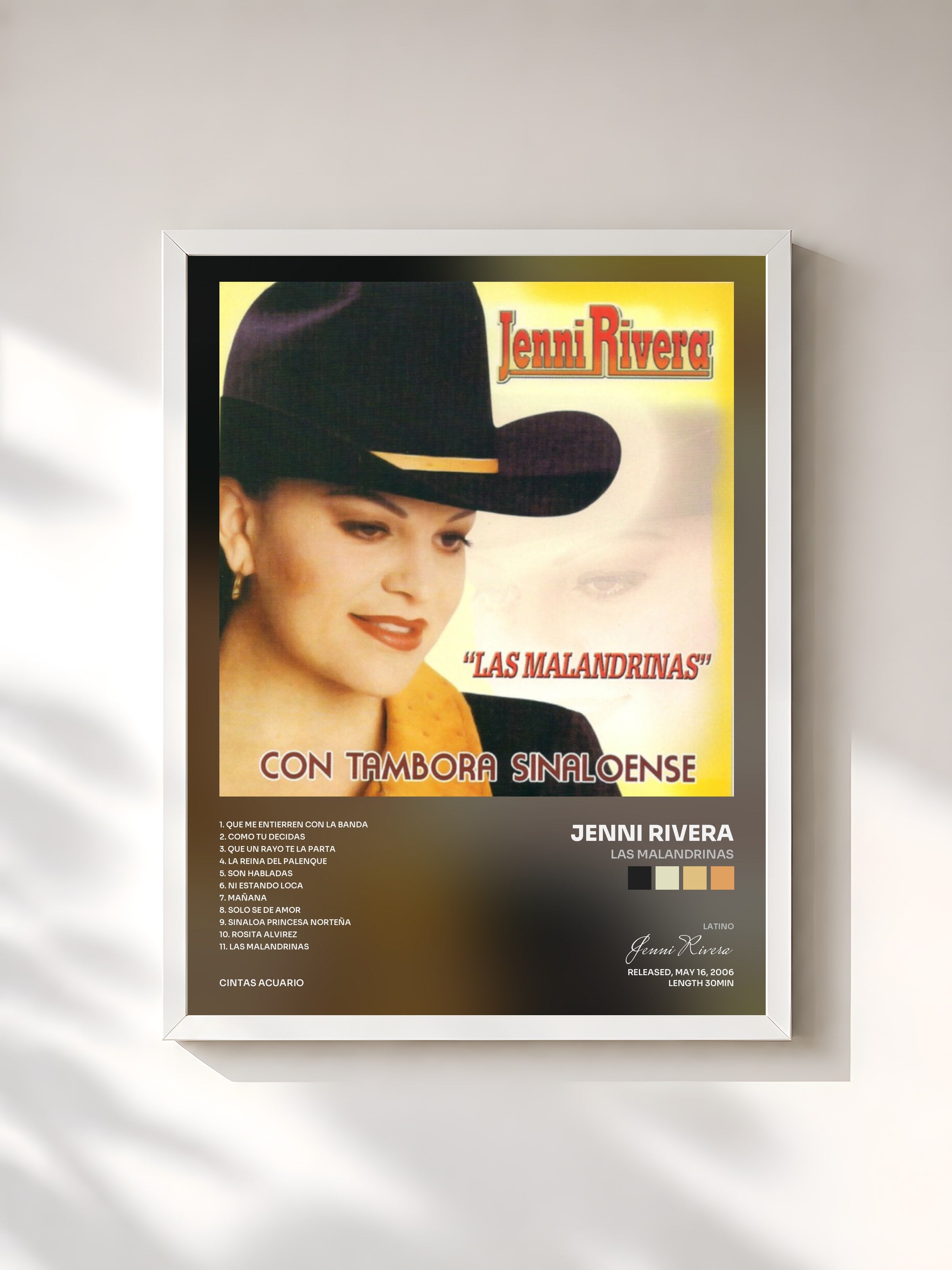 #blanc Tableau de l'album Las Malandrinas de Jenni Rivera, cadre blanc, imprimé et encadré en France