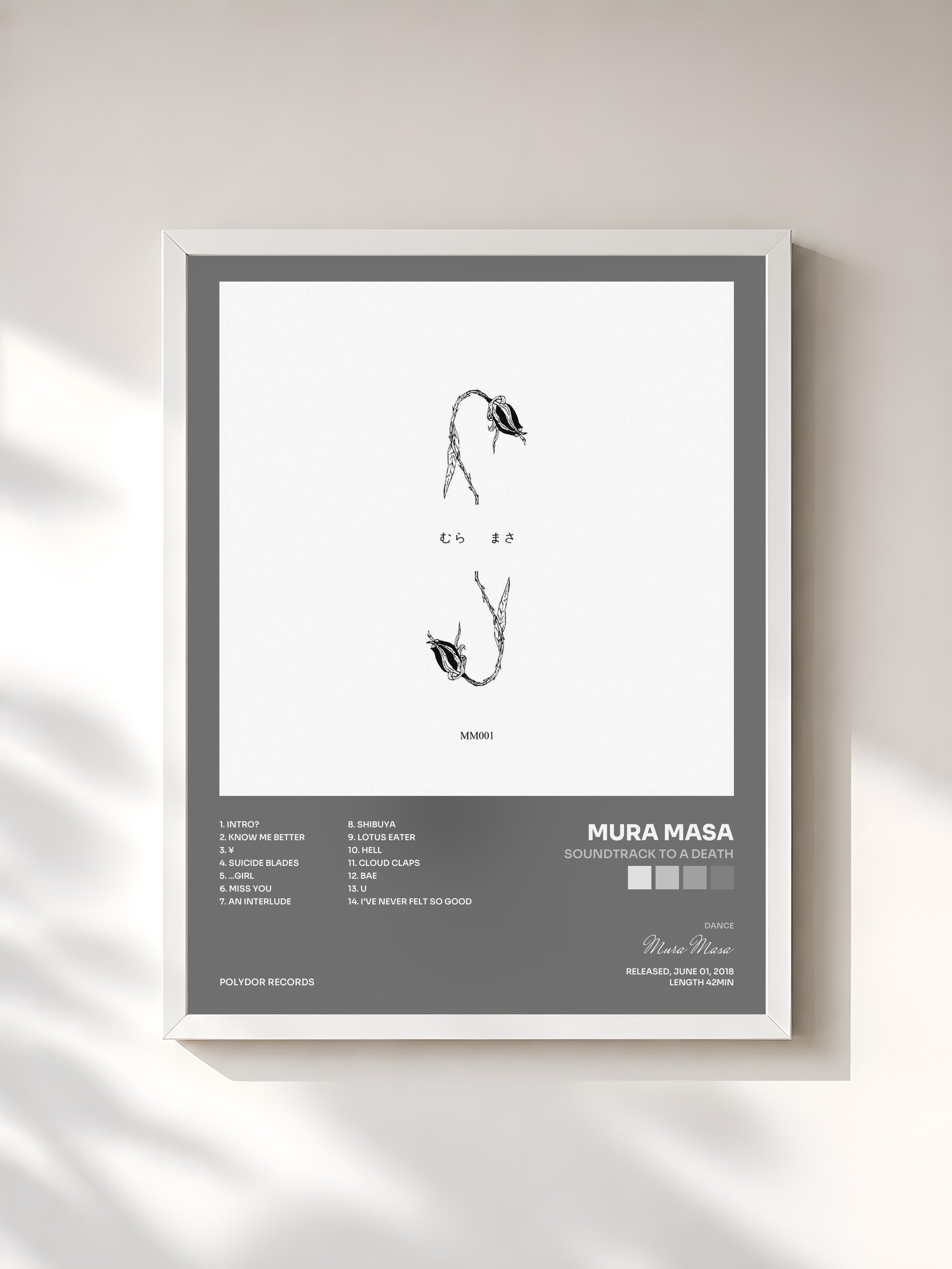 #blanc Tableau de l'album Soundtrack To A Death de Mura Masa, cadre blanc, imprimé et encadré en France