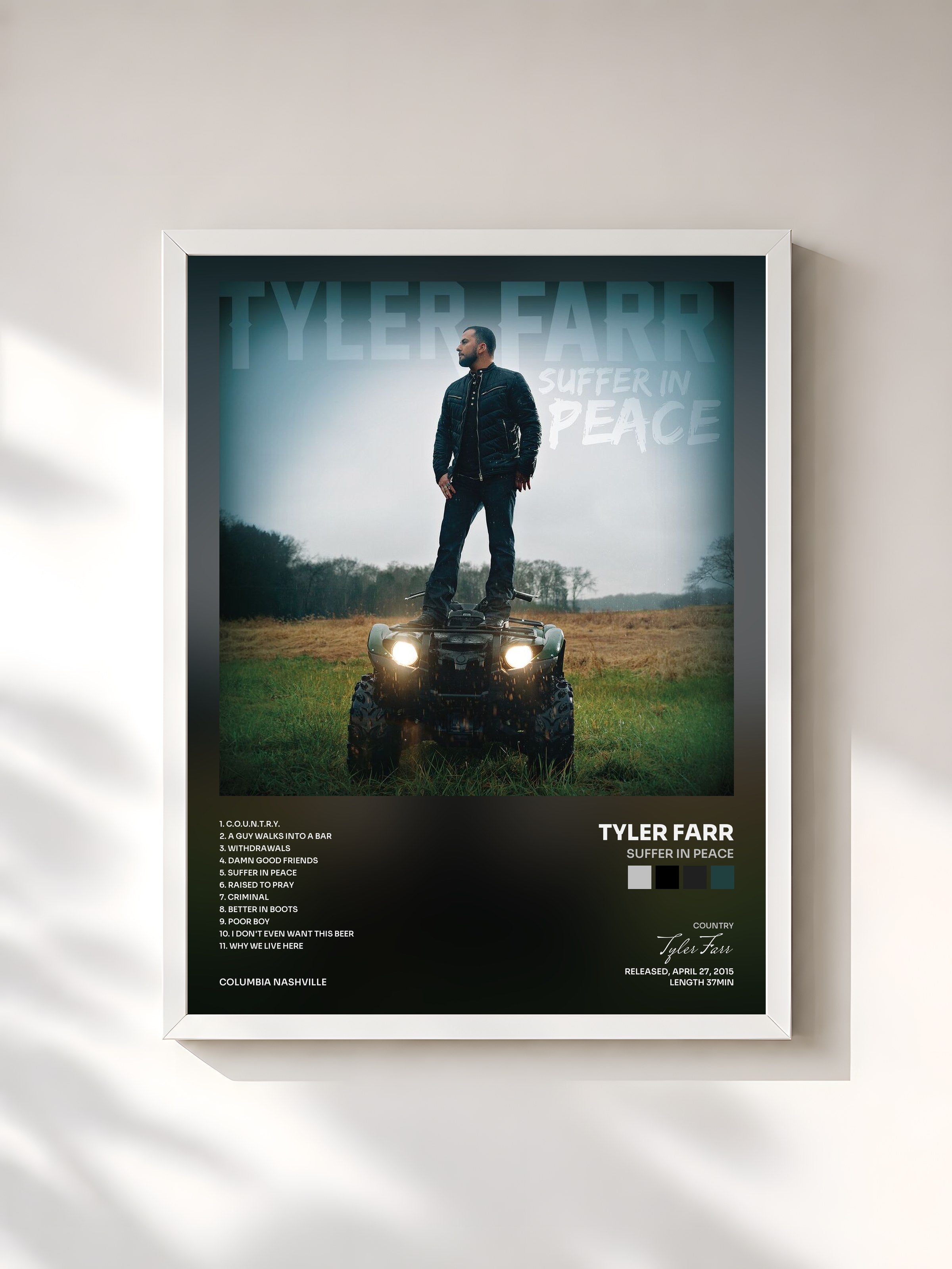 #blanc Tableau de l'album Suffer in Peace de Tyler Farr, cadre blanc, imprimé et encadré en France