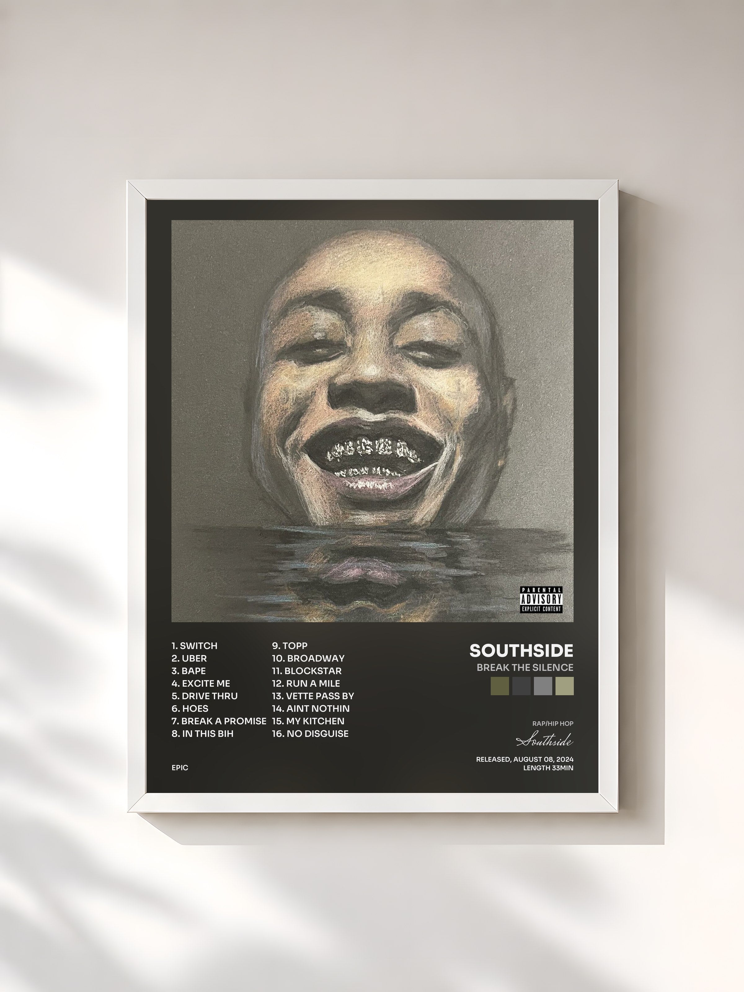 #blanc Tableau de l'album BREAK THE SILENCE de Southside, cadre blanc, imprimé et encadré en France