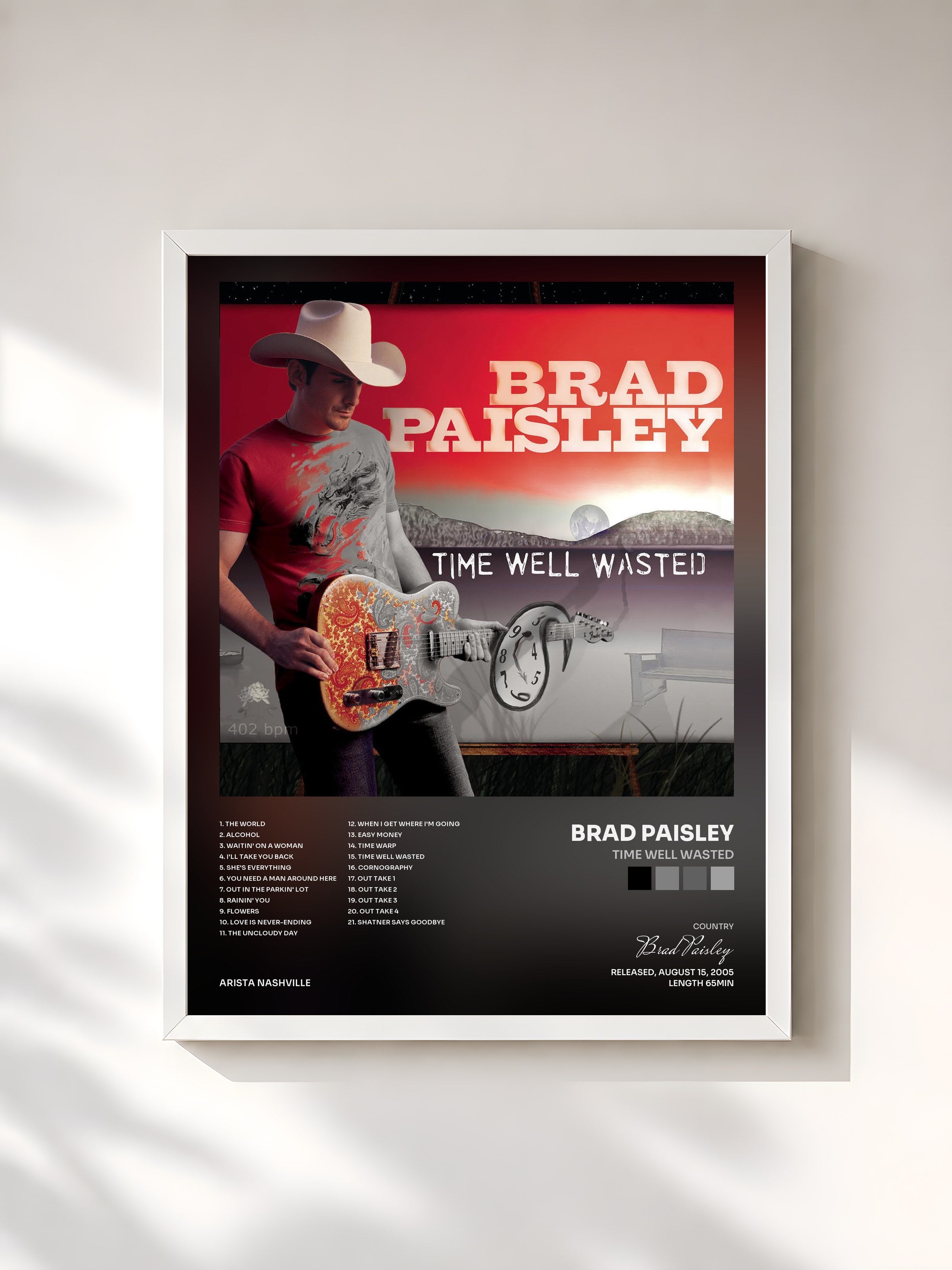 #blanc Tableau de l'album Time Well Wasted de Brad Paisley, cadre blanc, imprimé et encadré en France