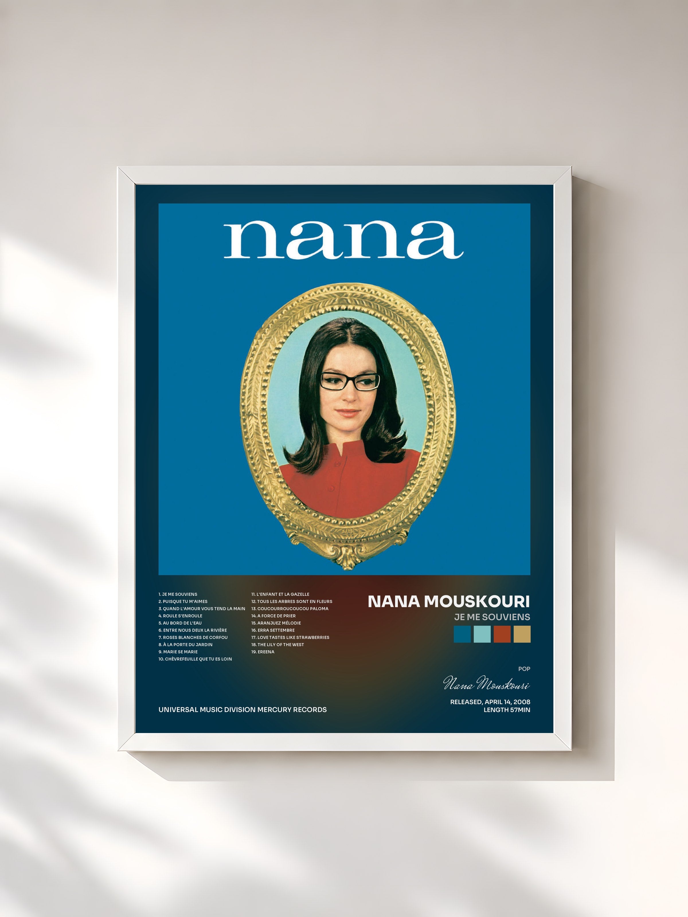 #blanc Tableau de l'album Je Me Souviens de Nana Mouskouri, cadre blanc, imprimé et encadré en France