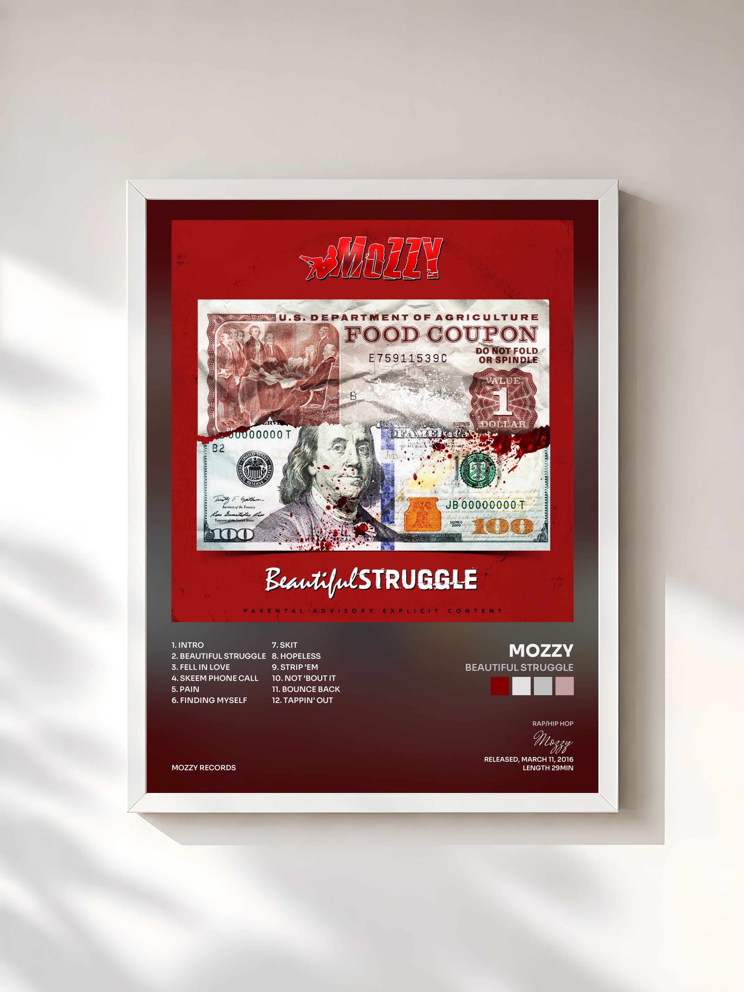 #blanc Tableau de l'album Beautiful Struggle de Mozzy, cadre blanc, imprimé et encadré en France