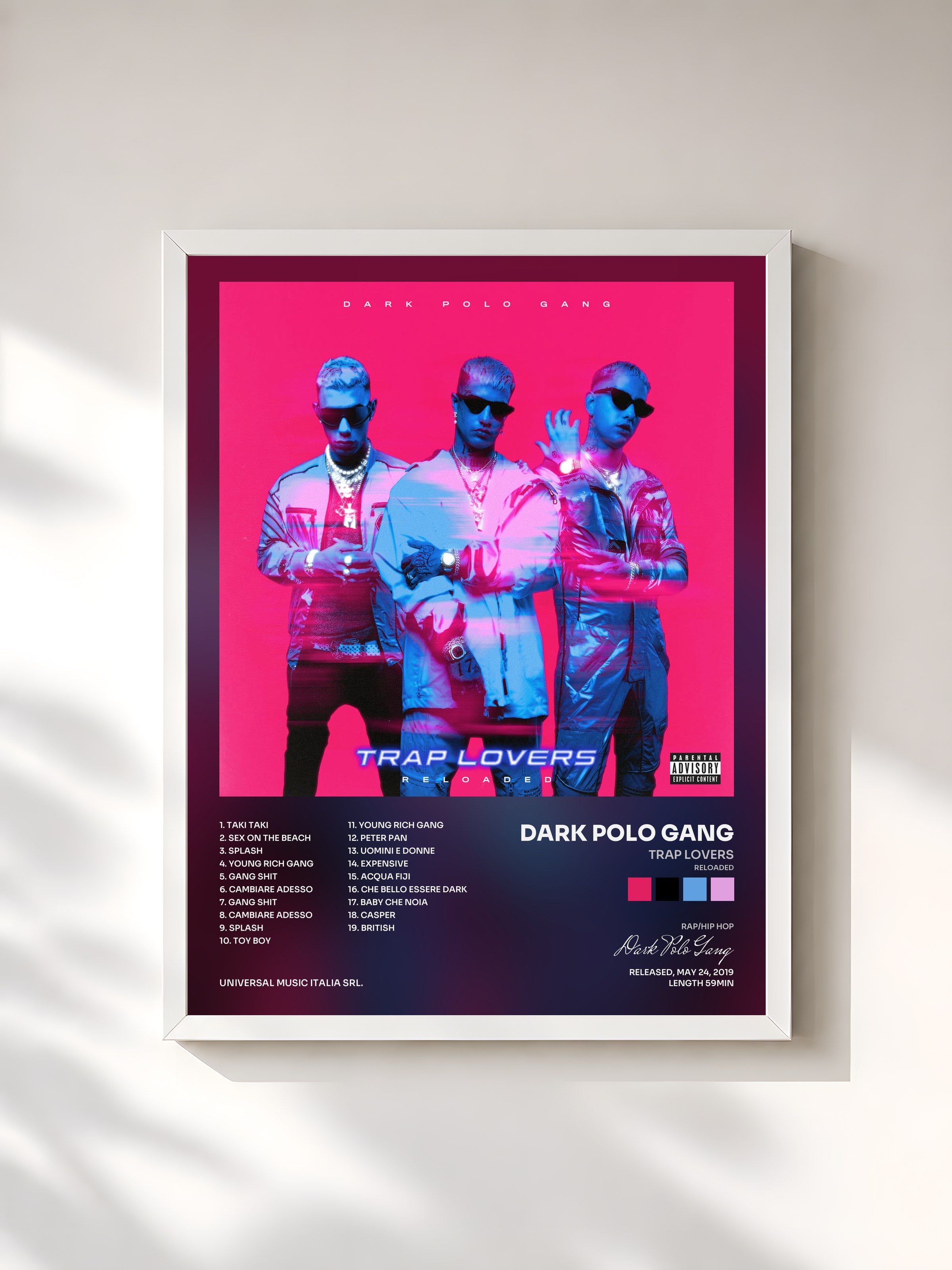 #blanc Tableau de l'album Trap Lovers (Reloaded) de Dark Polo Gang, cadre blanc, imprimé et encadré en France