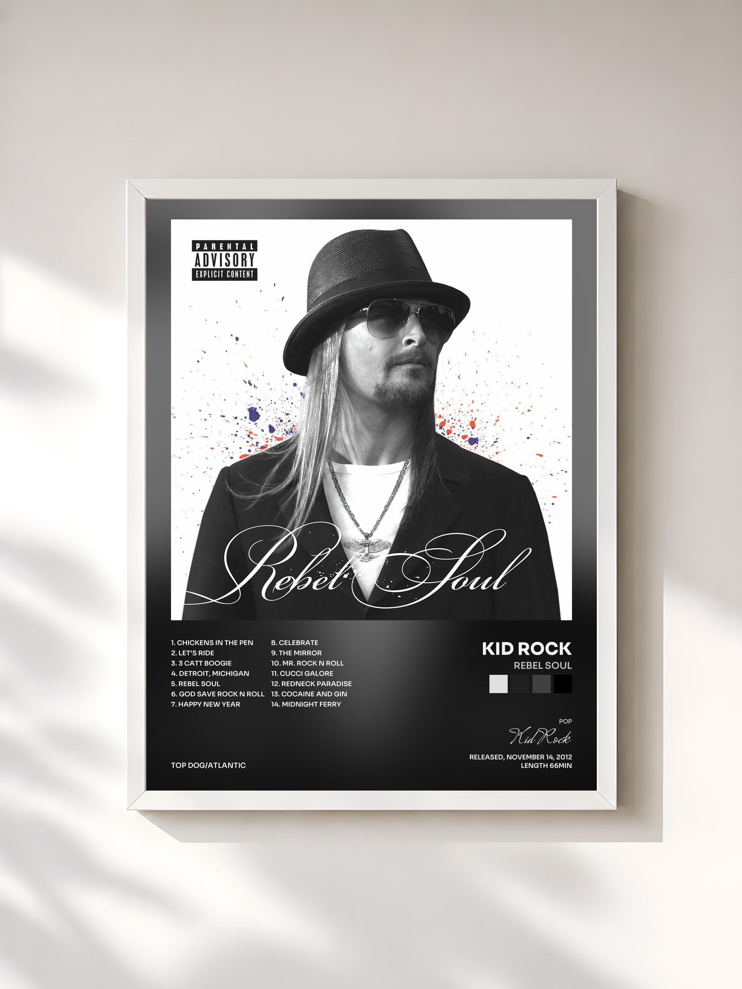 #blanc Tableau de l'album Rebel Soul de Kid Rock, cadre blanc, imprimé et encadré en France