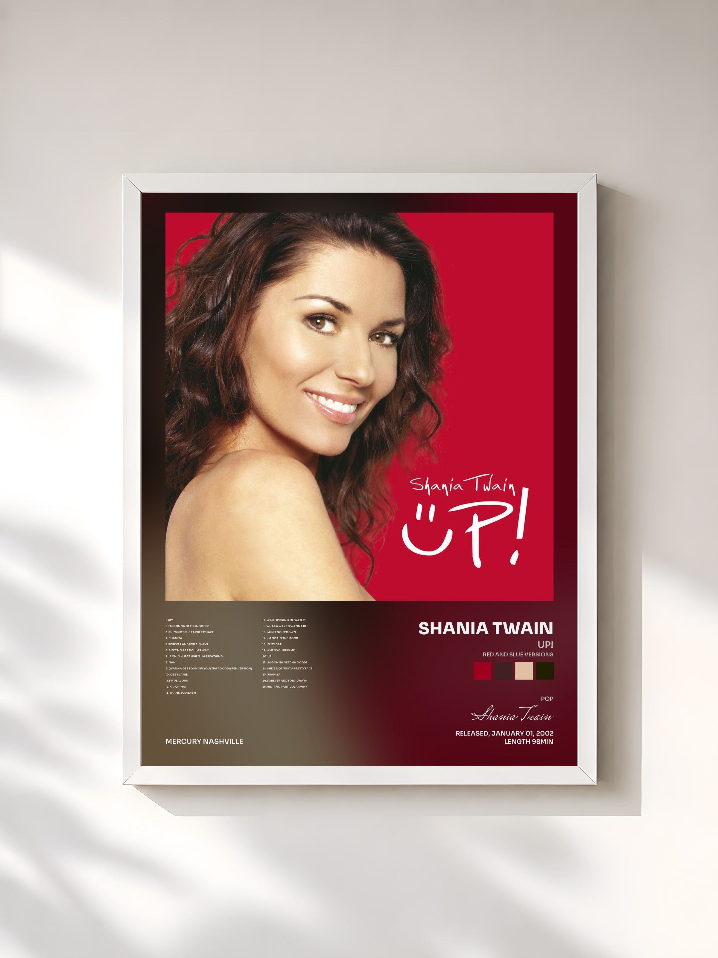 #blanc Tableau de l'album Up! (Red and Blue Versions) de Shania Twain, cadre blanc, imprimé et encadré en France