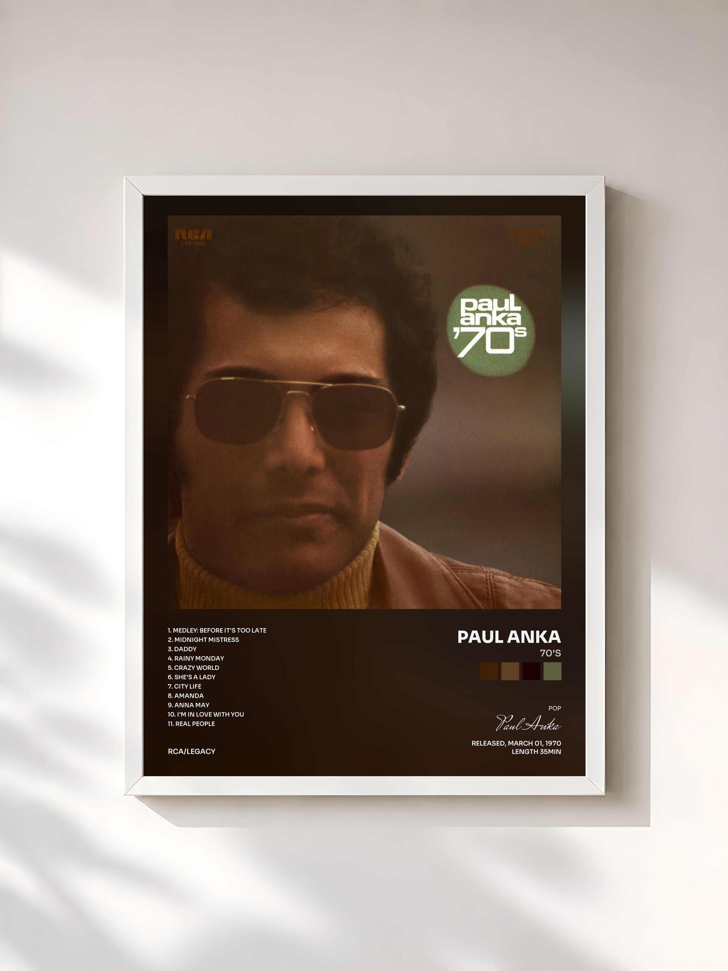 #blanc Tableau de l'album 70's de Paul Anka, cadre blanc, imprimé et encadré en France