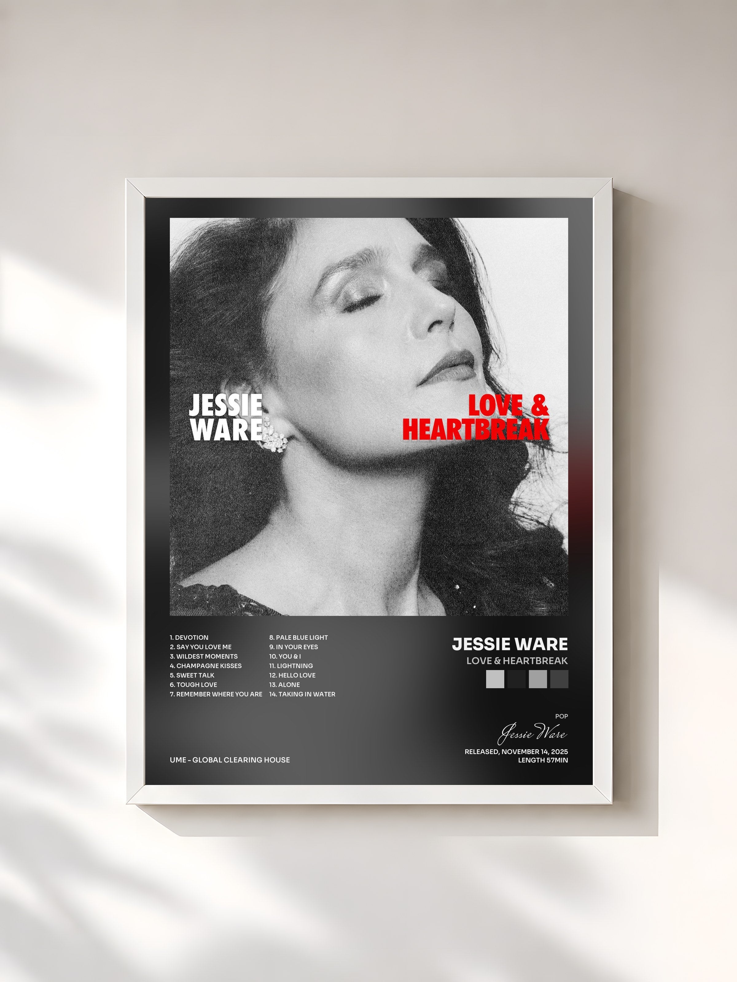 #blanc Tableau de l'album Love & Heartbreak de Jessie Ware, cadre blanc, imprimé et encadré en France