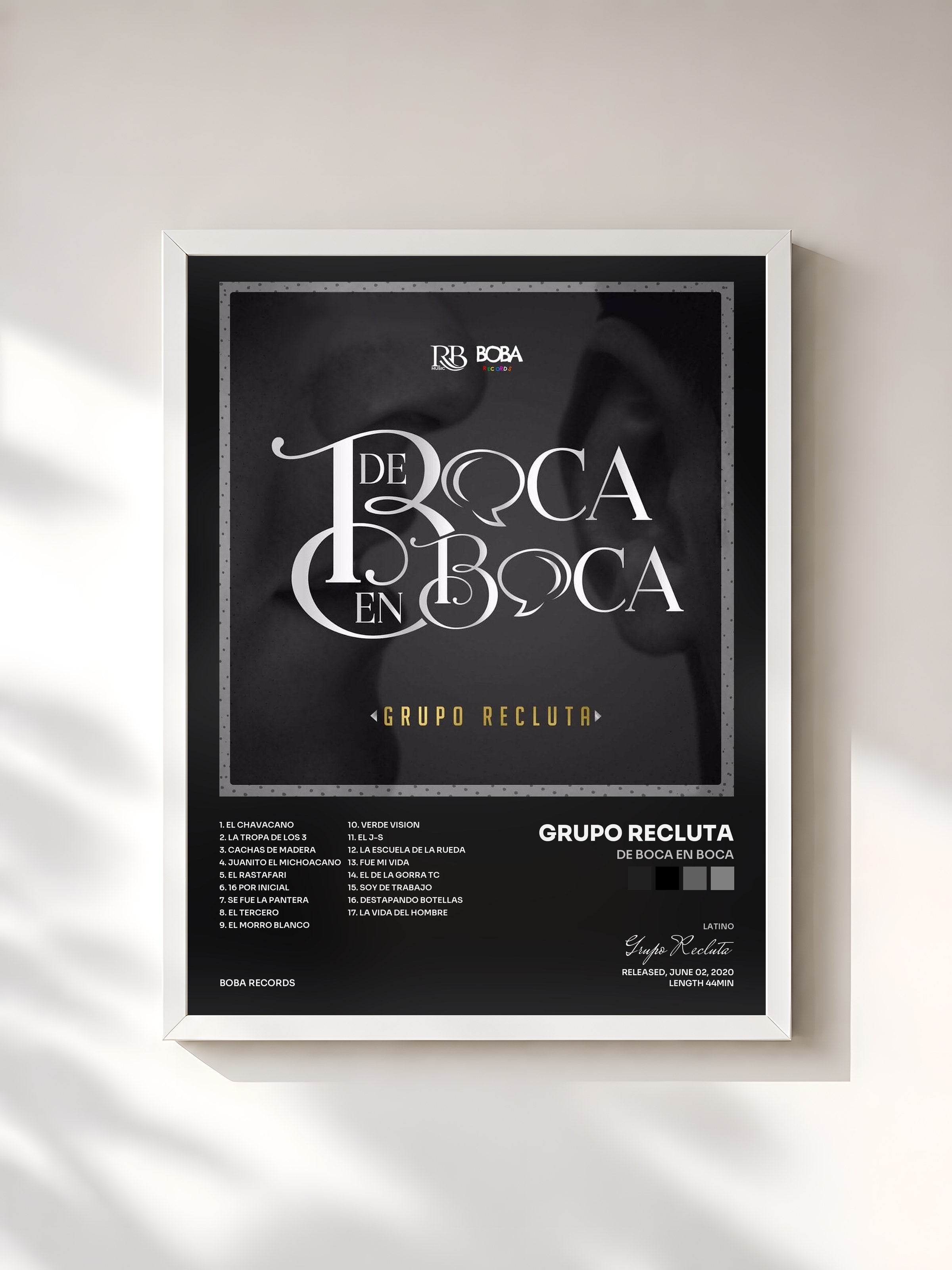 #blanc Tableau de l'album De Boca En Boca de Grupo Recluta, cadre blanc, imprimé et encadré en France