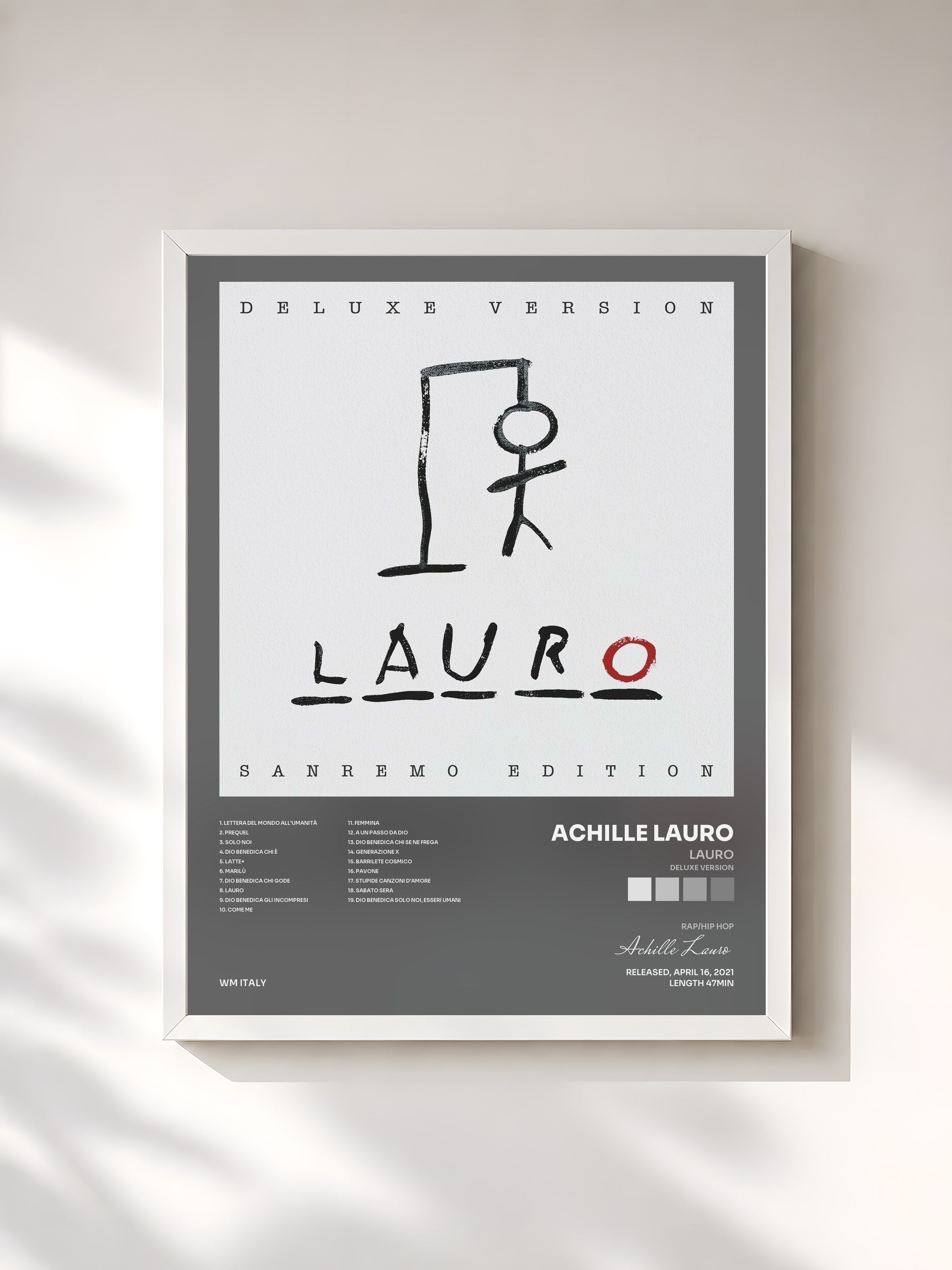 #blanc Tableau de l'album LAURO (Deluxe Version) de Achille Lauro, cadre blanc, imprimé et encadré en France