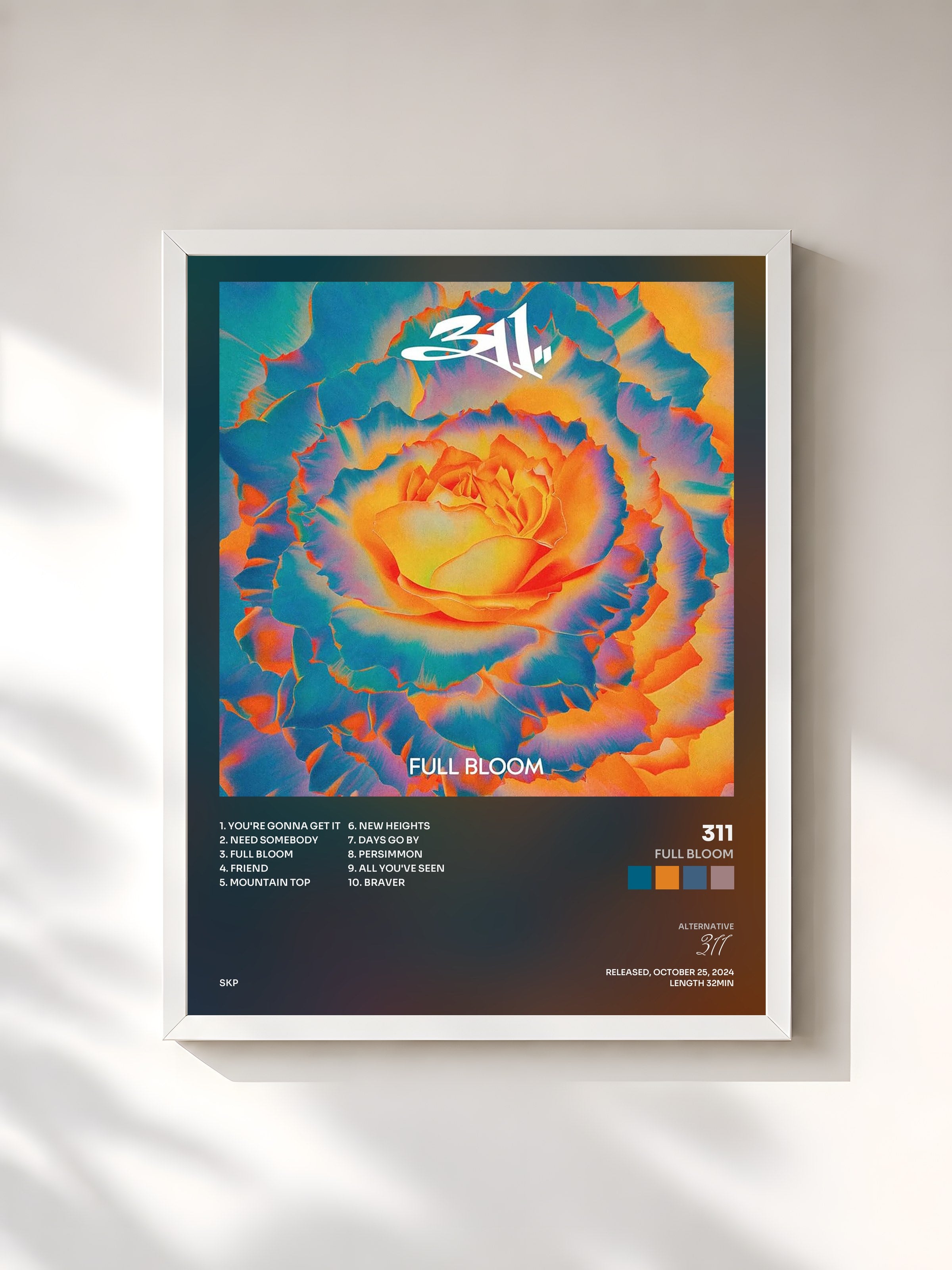 #blanc Tableau de l'album Full Bloom de 311, cadre blanc, imprimé et encadré en France