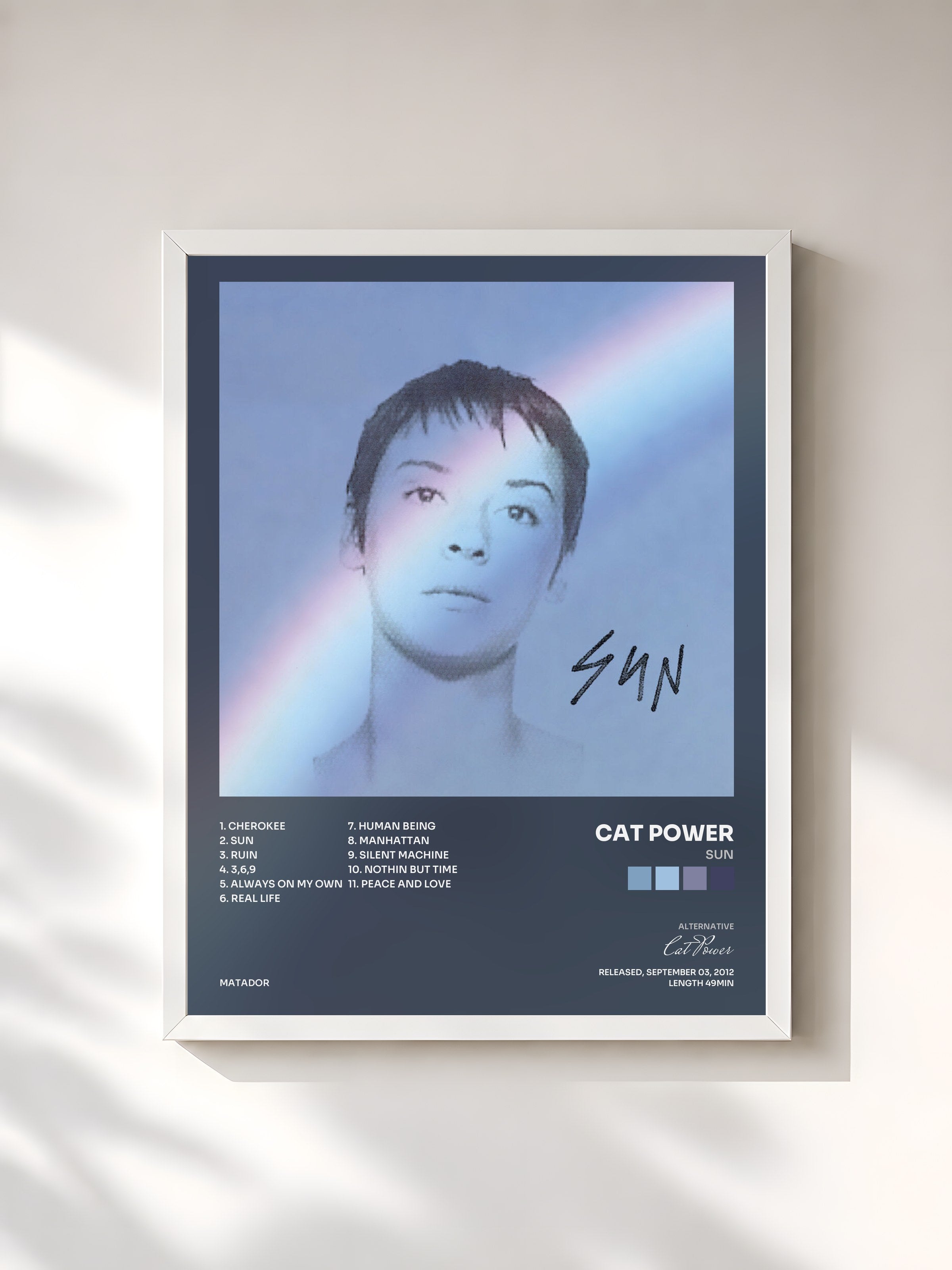 #blanc Tableau de l'album Sun de Cat Power, cadre blanc, imprimé et encadré en France