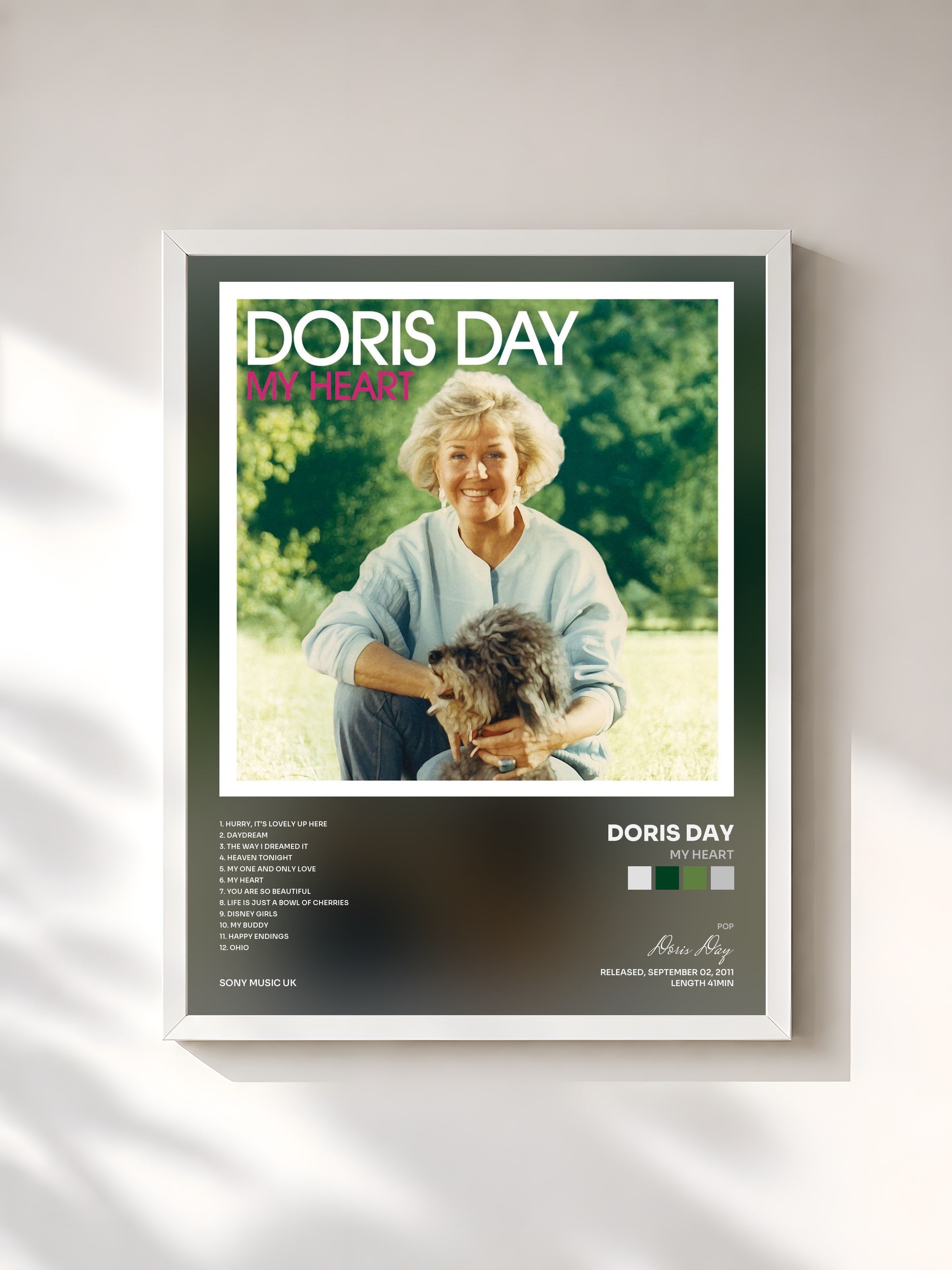 #blanc Tableau de l'album My Heart de Doris Day, cadre blanc, imprimé et encadré en France