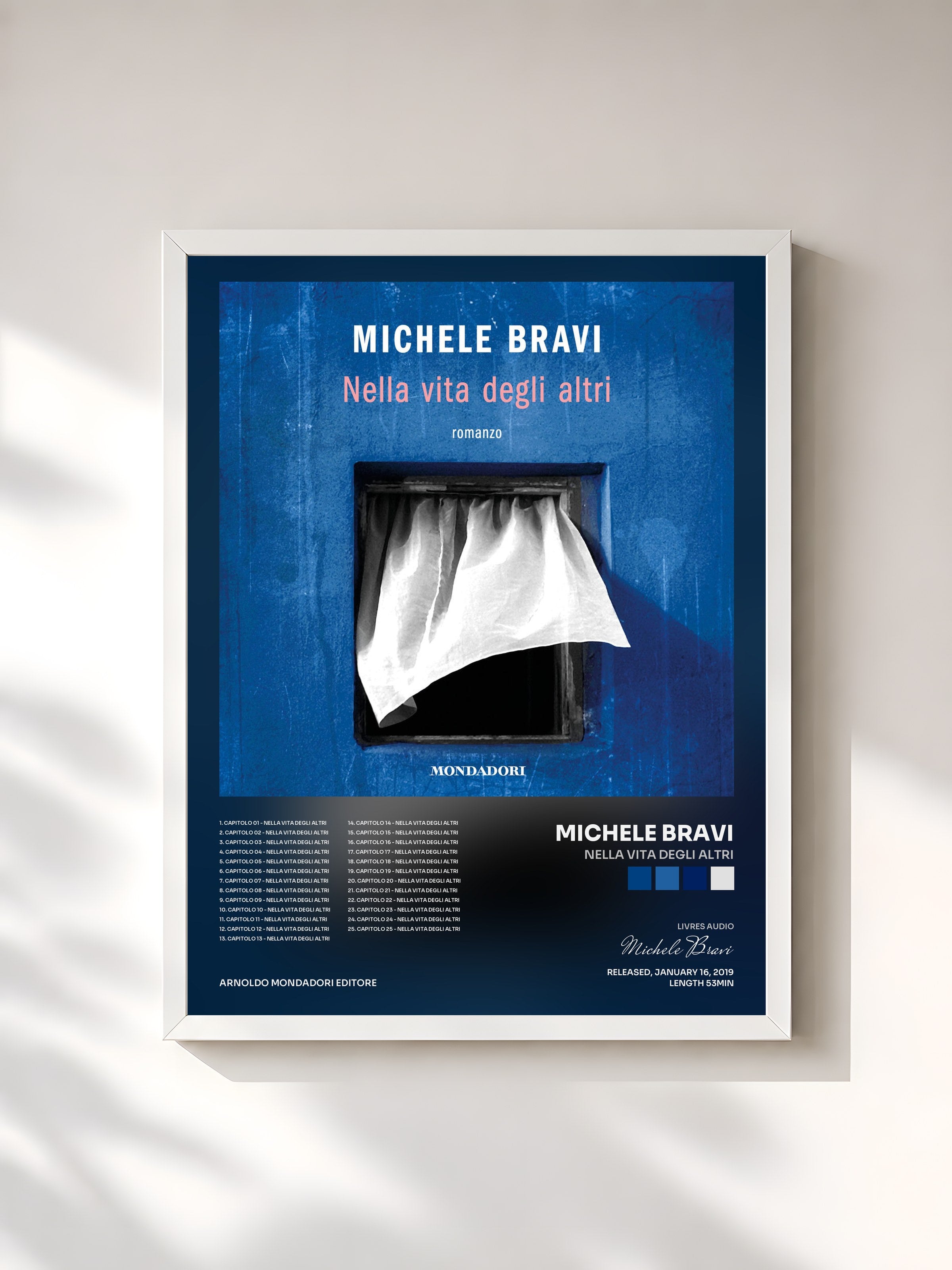 #blanc Tableau de l'album Nella vita degli altri de Michele Bravi, cadre blanc, imprimé et encadré en France
