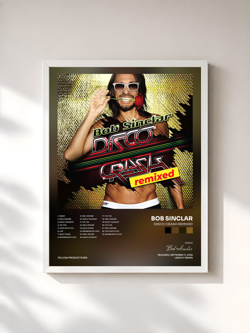 #blanc Tableau de l'album Disco Crash Remixed de Bob Sinclar, cadre blanc, imprimé et encadré en France