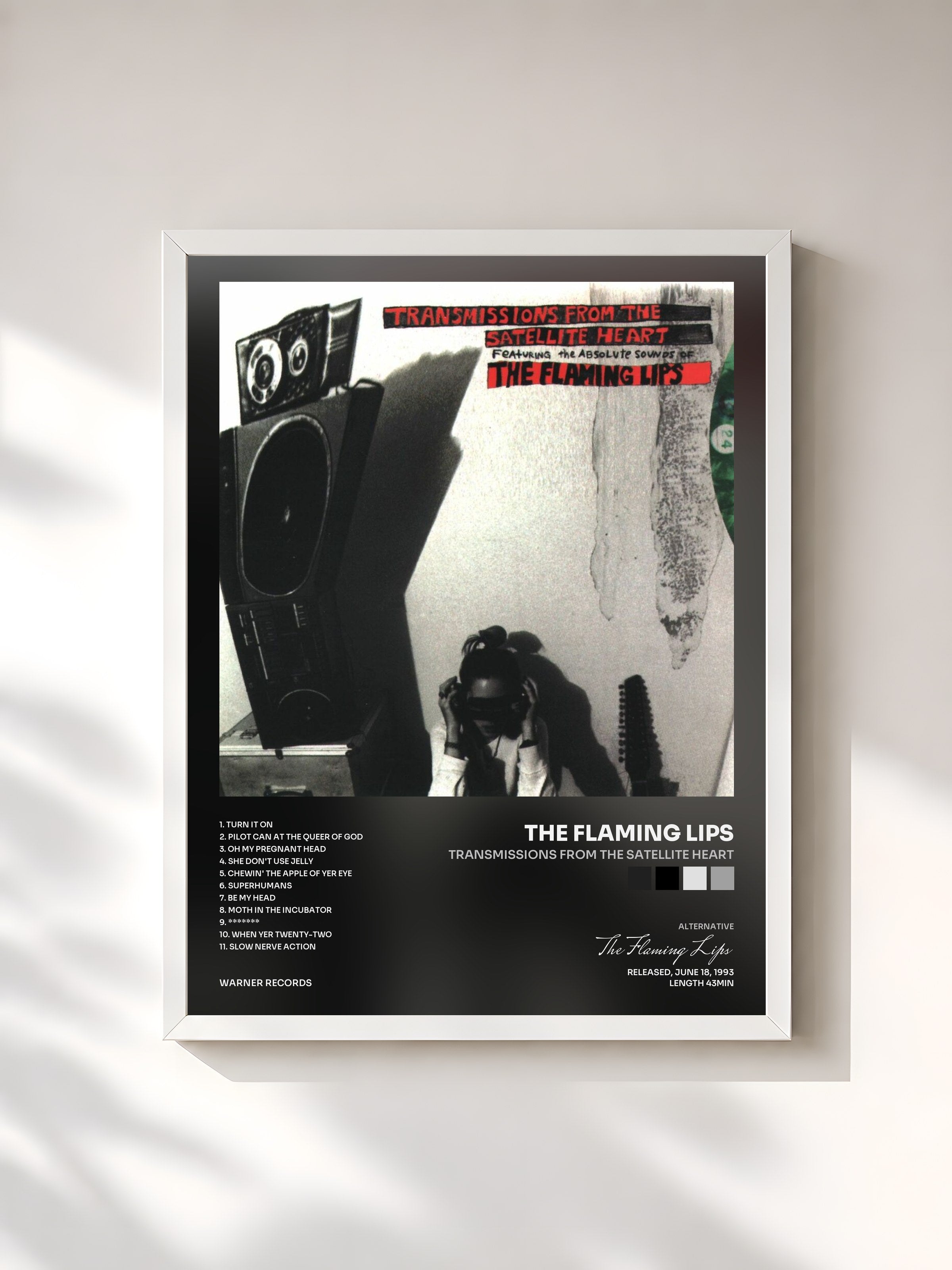 #blanc Tableau de l'album Transmissions From the Satellite Heart de The Flaming Lips, cadre blanc, imprimé et encadré en France