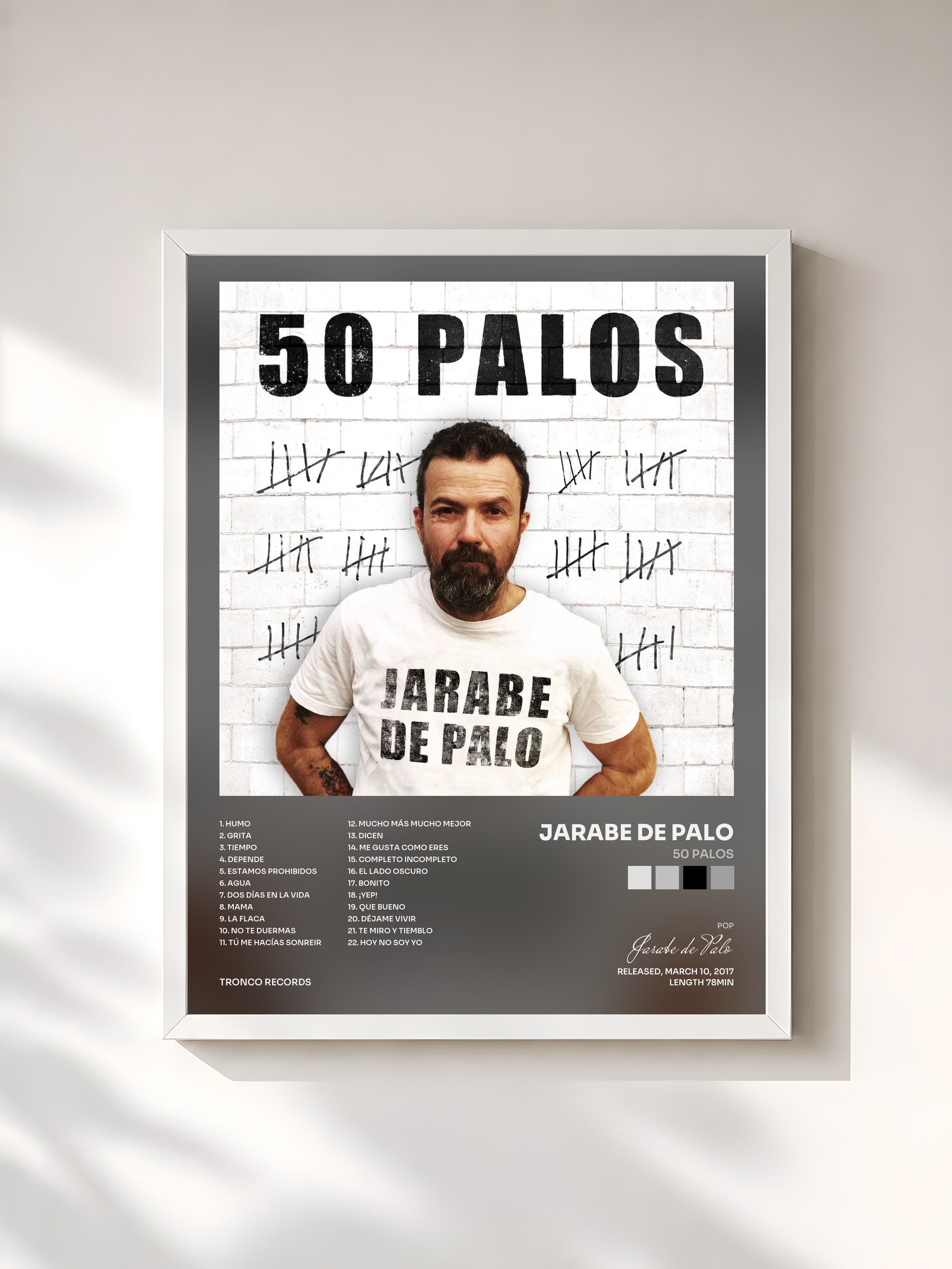 #blanc Tableau de l'album 50 Palos de Jarabe de Palo, cadre blanc, imprimé et encadré en France