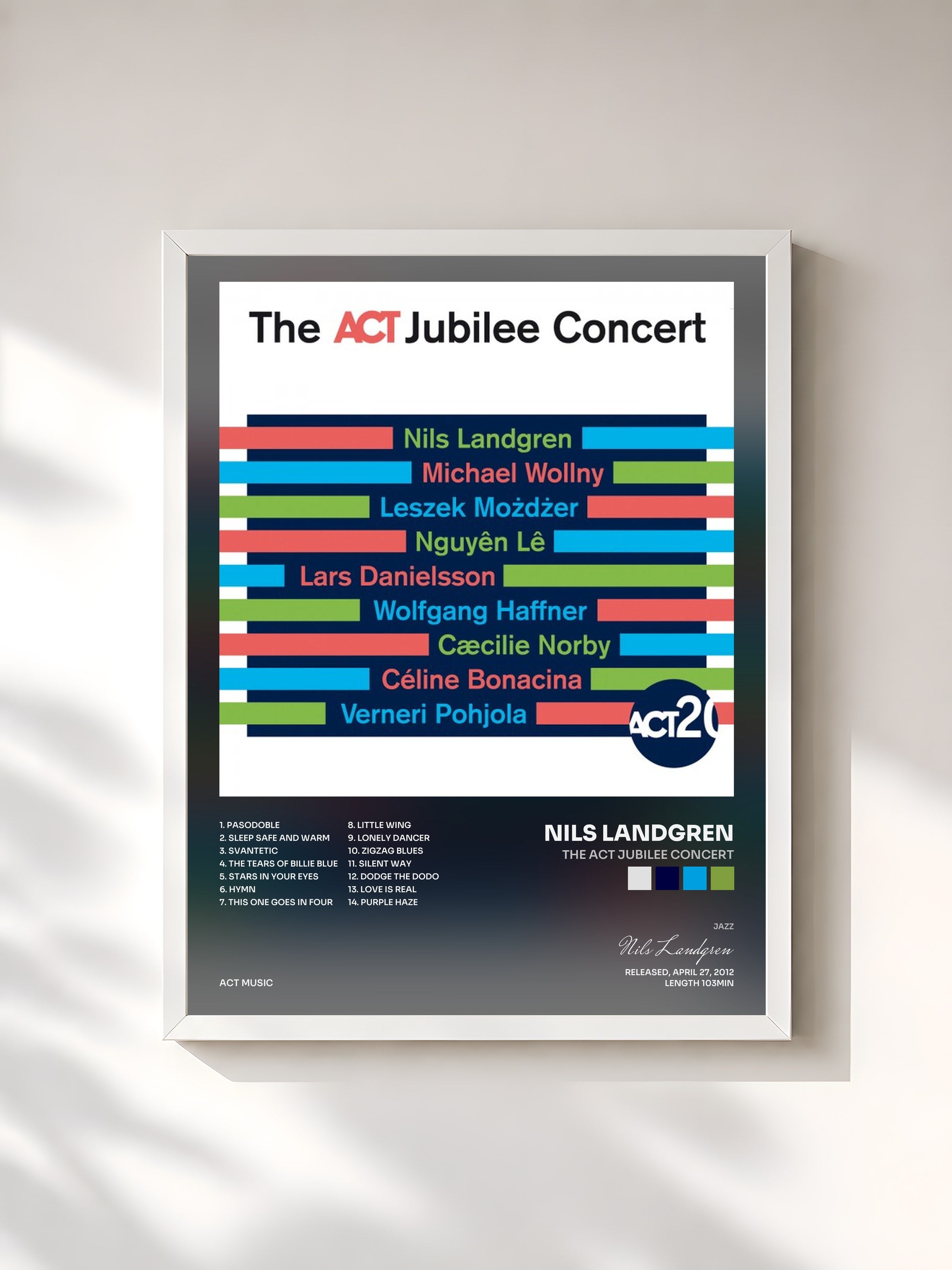 #blanc Tableau de l'album The Act Jubilee Concert de Nils Landgren, cadre blanc, imprimé et encadré en France