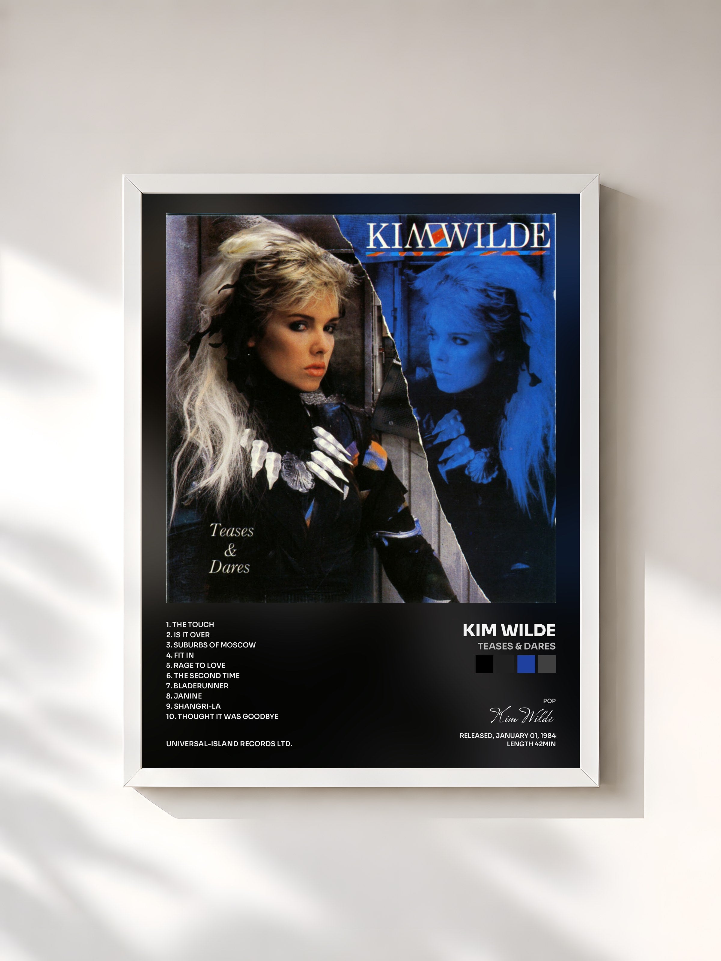 #blanc Tableau de l'album Teases & Dares de Kim Wilde, cadre blanc, imprimé et encadré en France