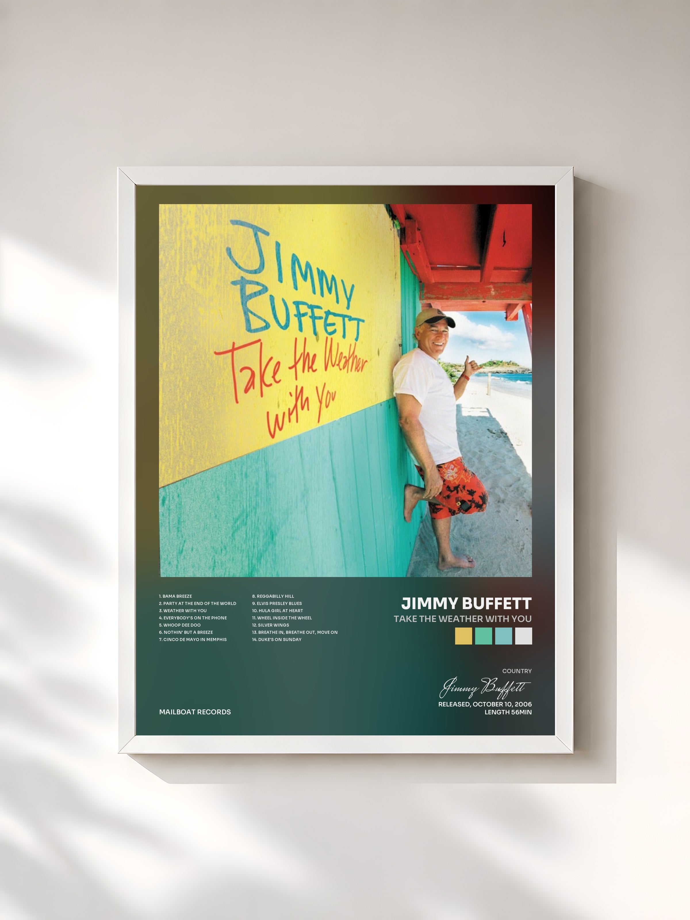 #blanc Tableau de l'album Take the Weather with You de Jimmy Buffett, cadre blanc, imprimé et encadré en France
