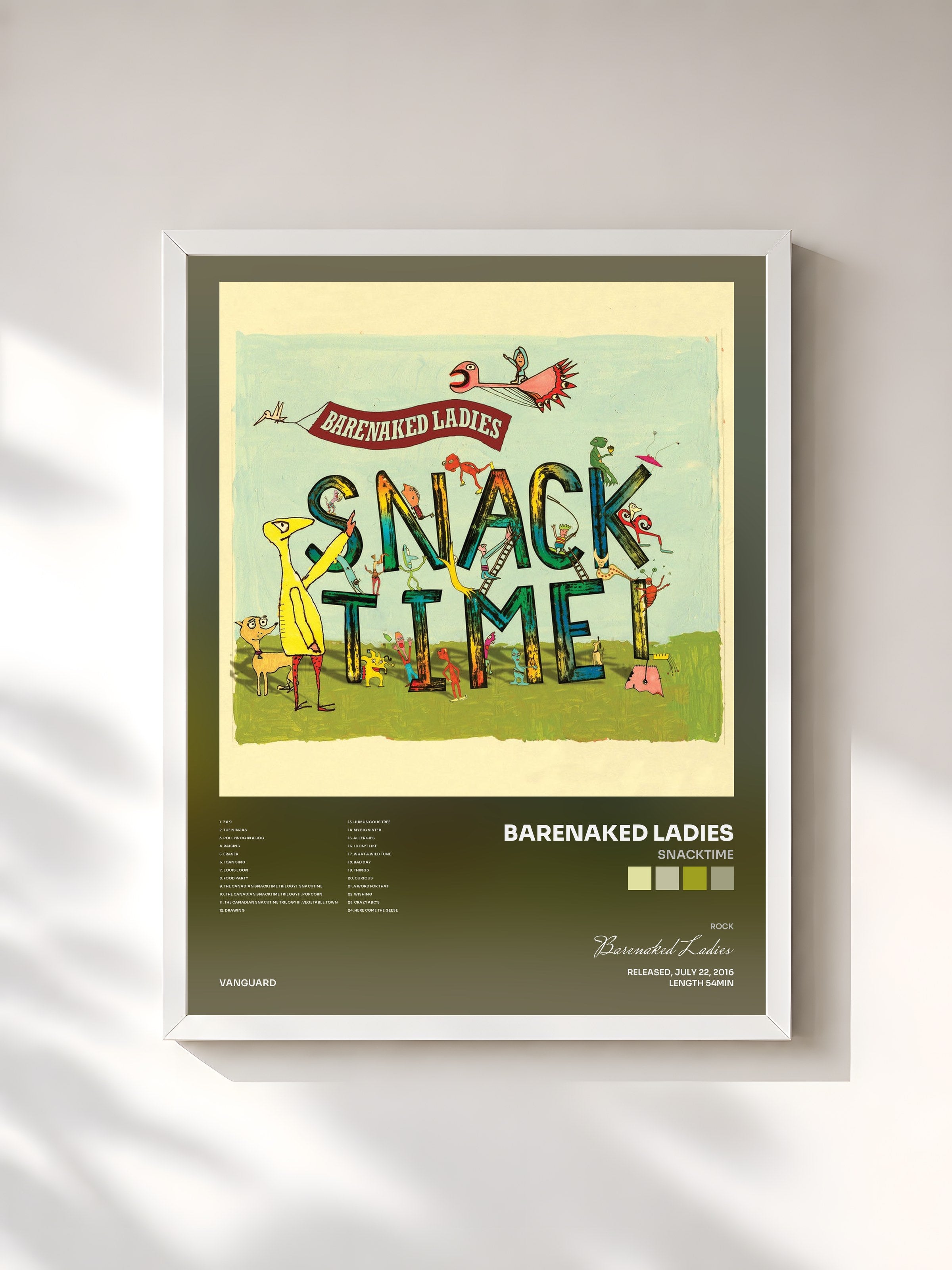 #blanc Tableau de l'album Snacktime de Barenaked Ladies, cadre blanc, imprimé et encadré en France
