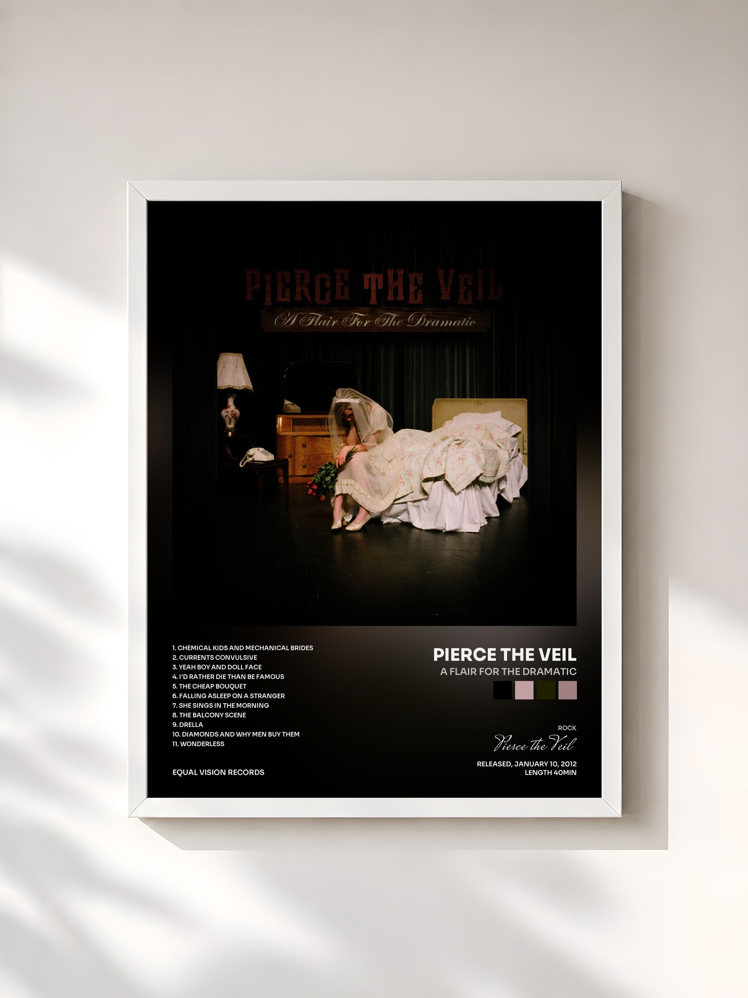 #blanc Tableau de l'album A Flair For The Dramatic de Pierce the Veil, cadre blanc, imprimé et encadré en France