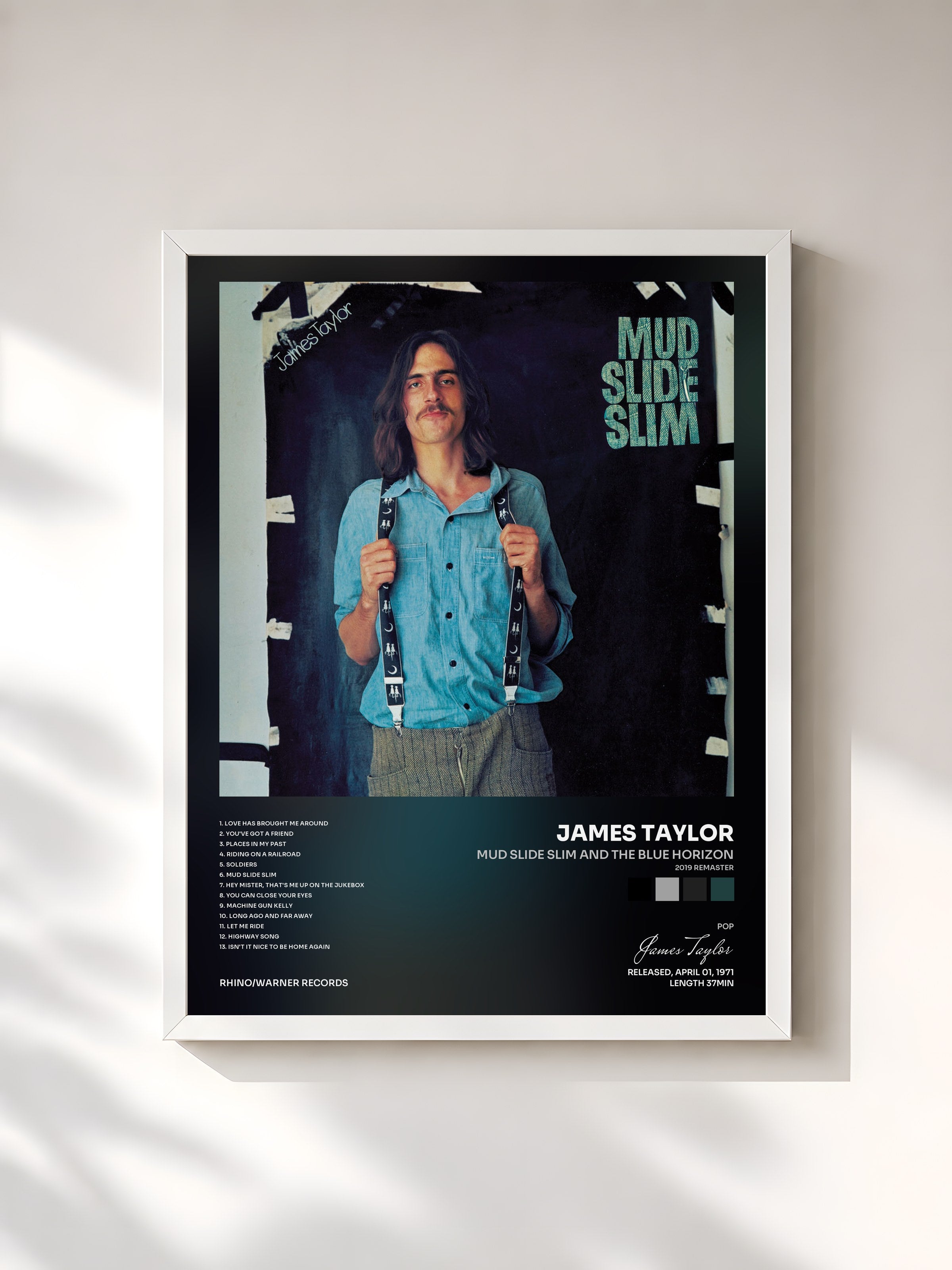 #blanc Tableau de l'album Mud Slide Slim and the Blue Horizon (2019 Remaster) de James Taylor, cadre blanc, imprimé et encadré en France
