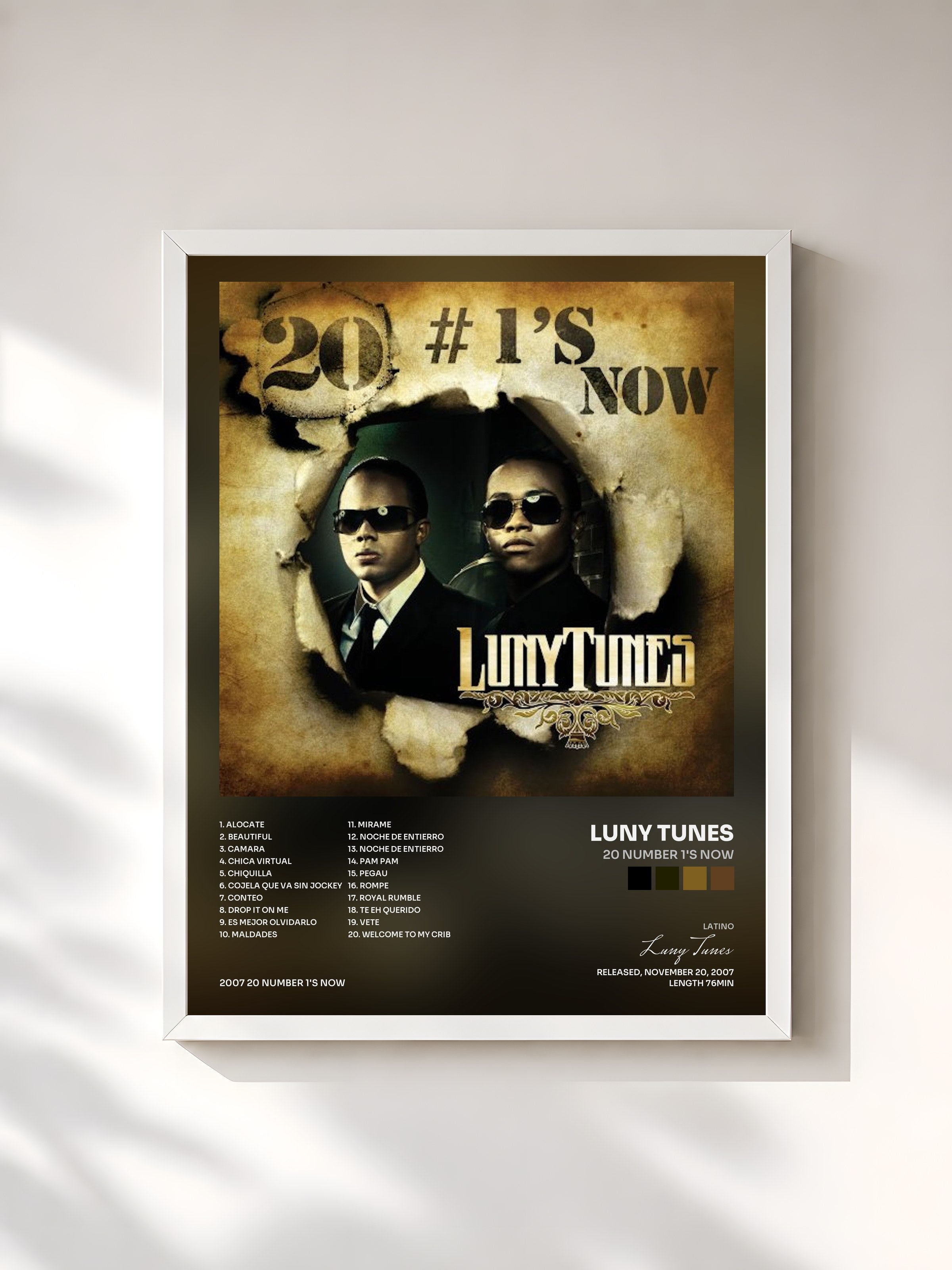 #blanc Tableau de l'album 20 Number 1's Now de Luny Tunes, cadre blanc, imprimé et encadré en France