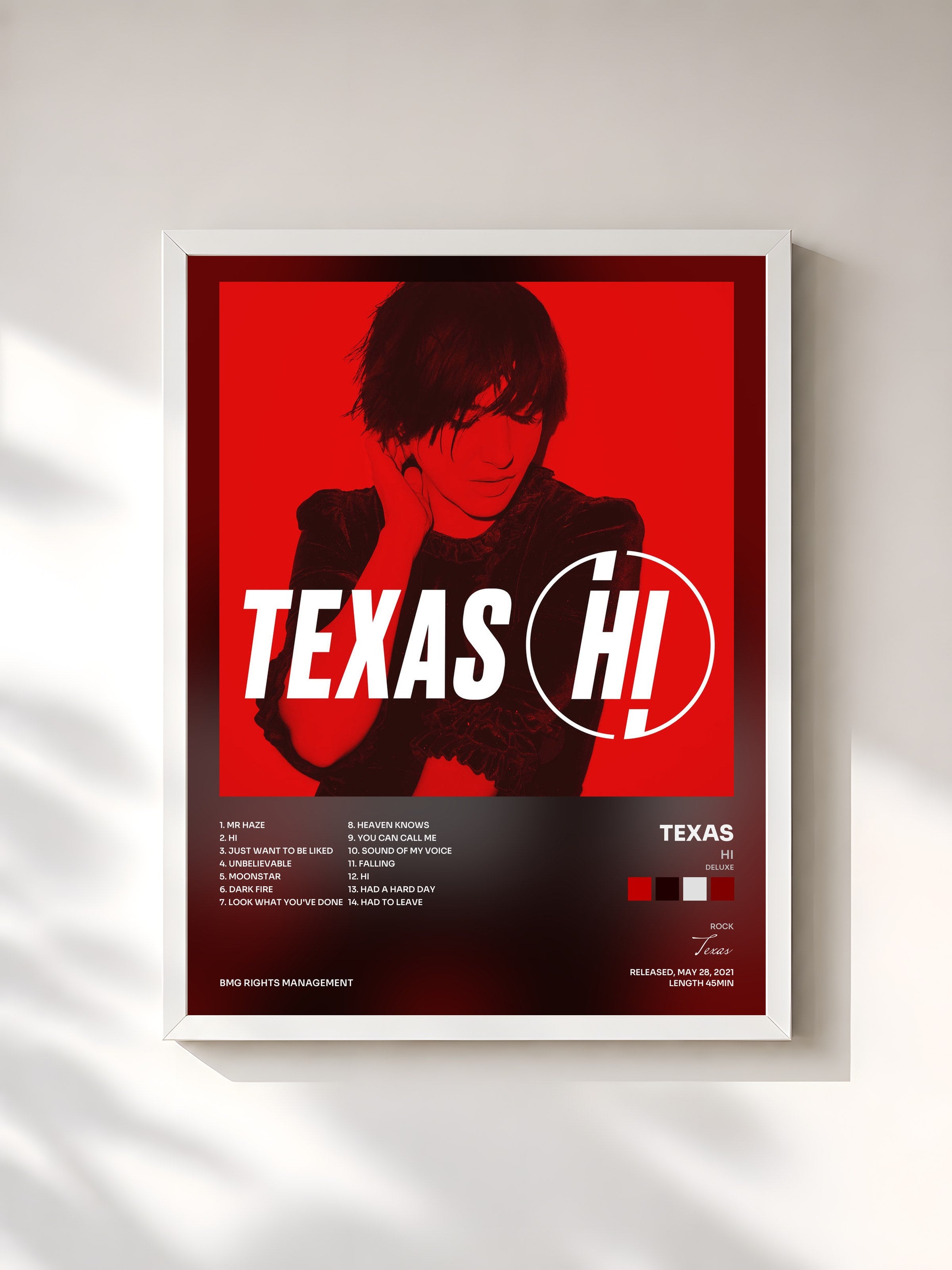 #blanc Tableau de l'album Hi (Deluxe) de Texas, cadre blanc, imprimé et encadré en France