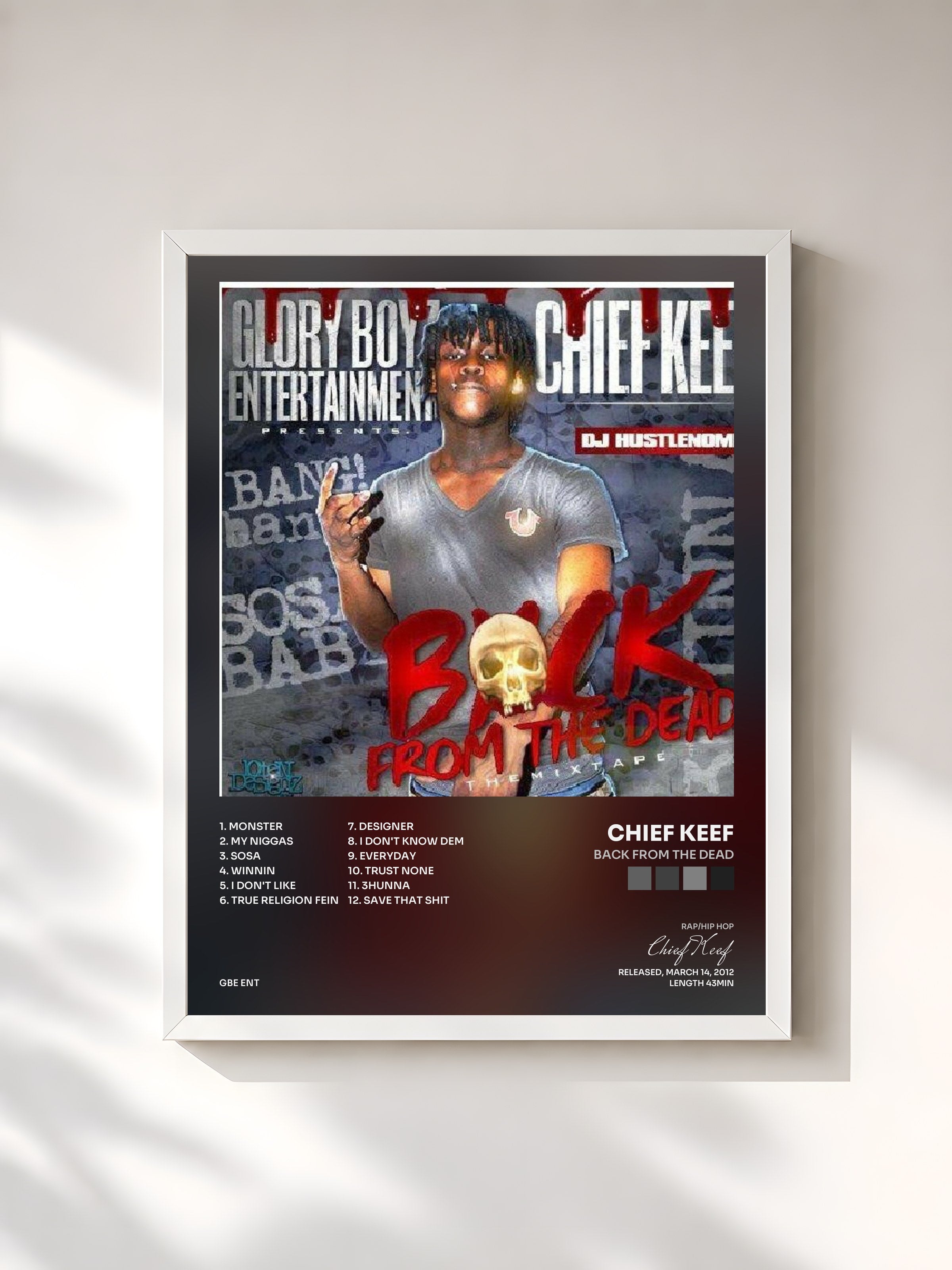 #blanc Tableau de l'album Back from the Dead de Chief Keef, cadre blanc, imprimé et encadré en France