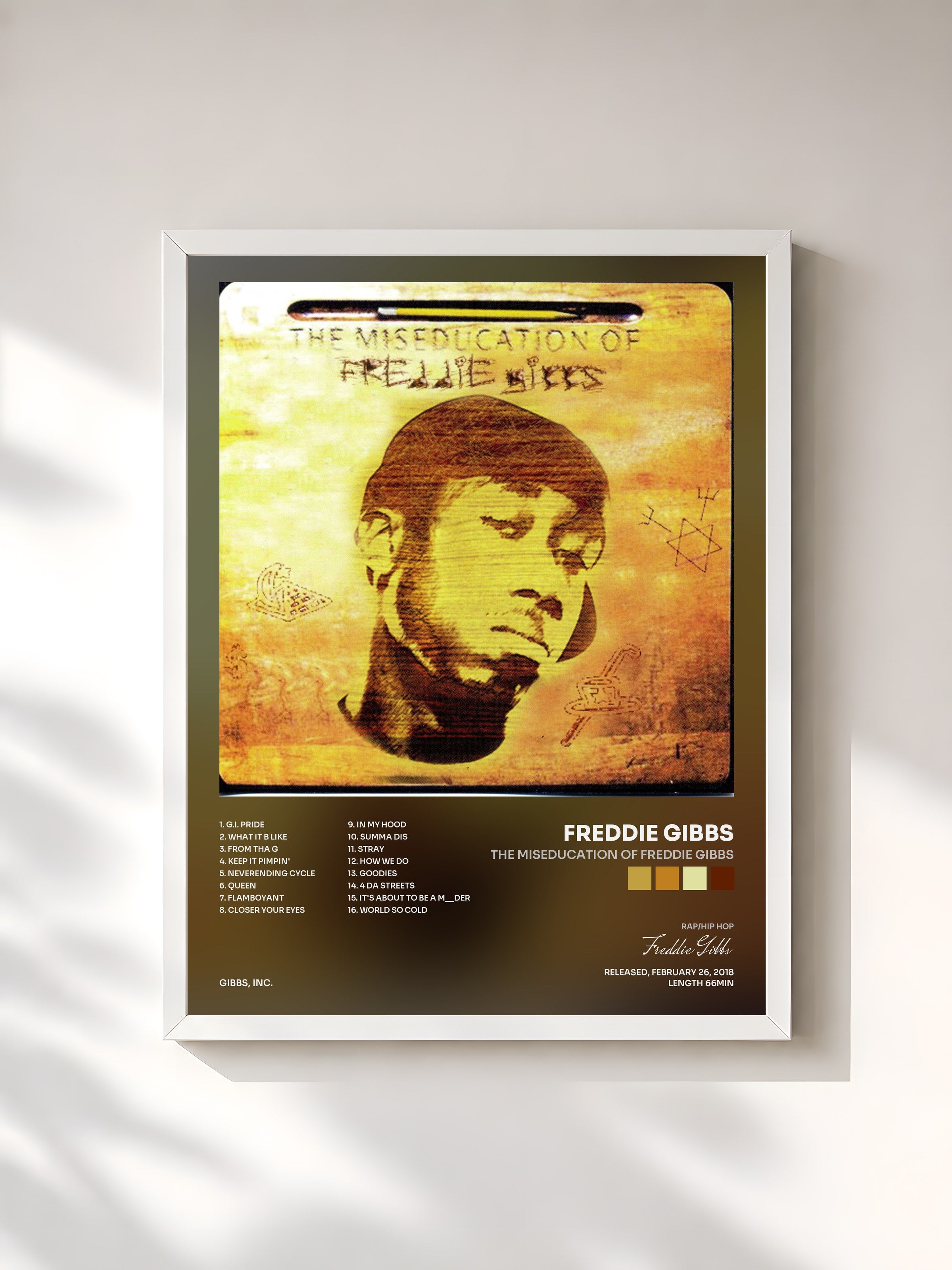 #blanc Tableau de l'album The Miseducation of Freddie Gibbs de Freddie Gibbs, cadre blanc, imprimé et encadré en France