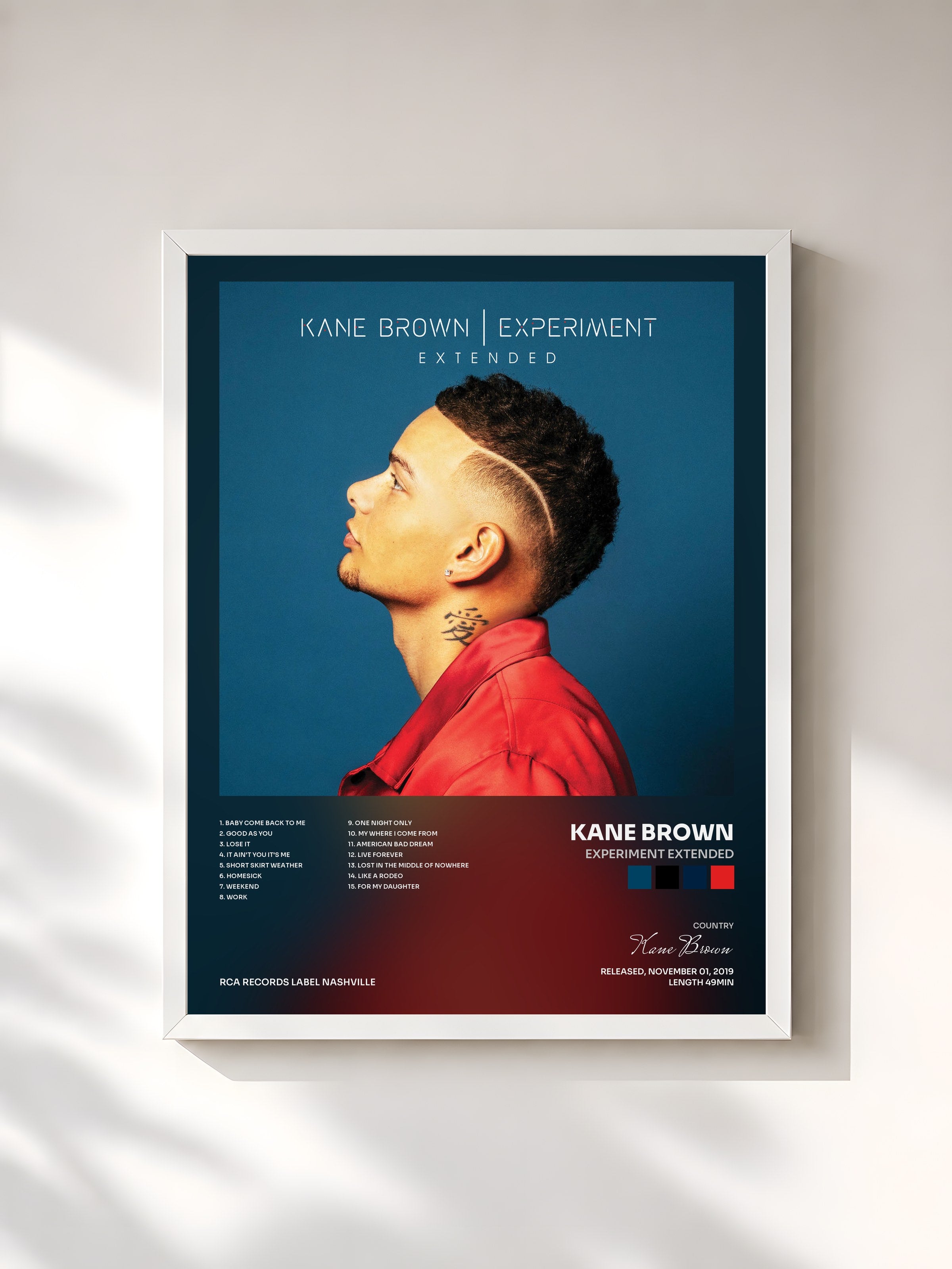 #blanc Tableau de l'album Experiment Extended de Kane Brown, cadre blanc, imprimé et encadré en France