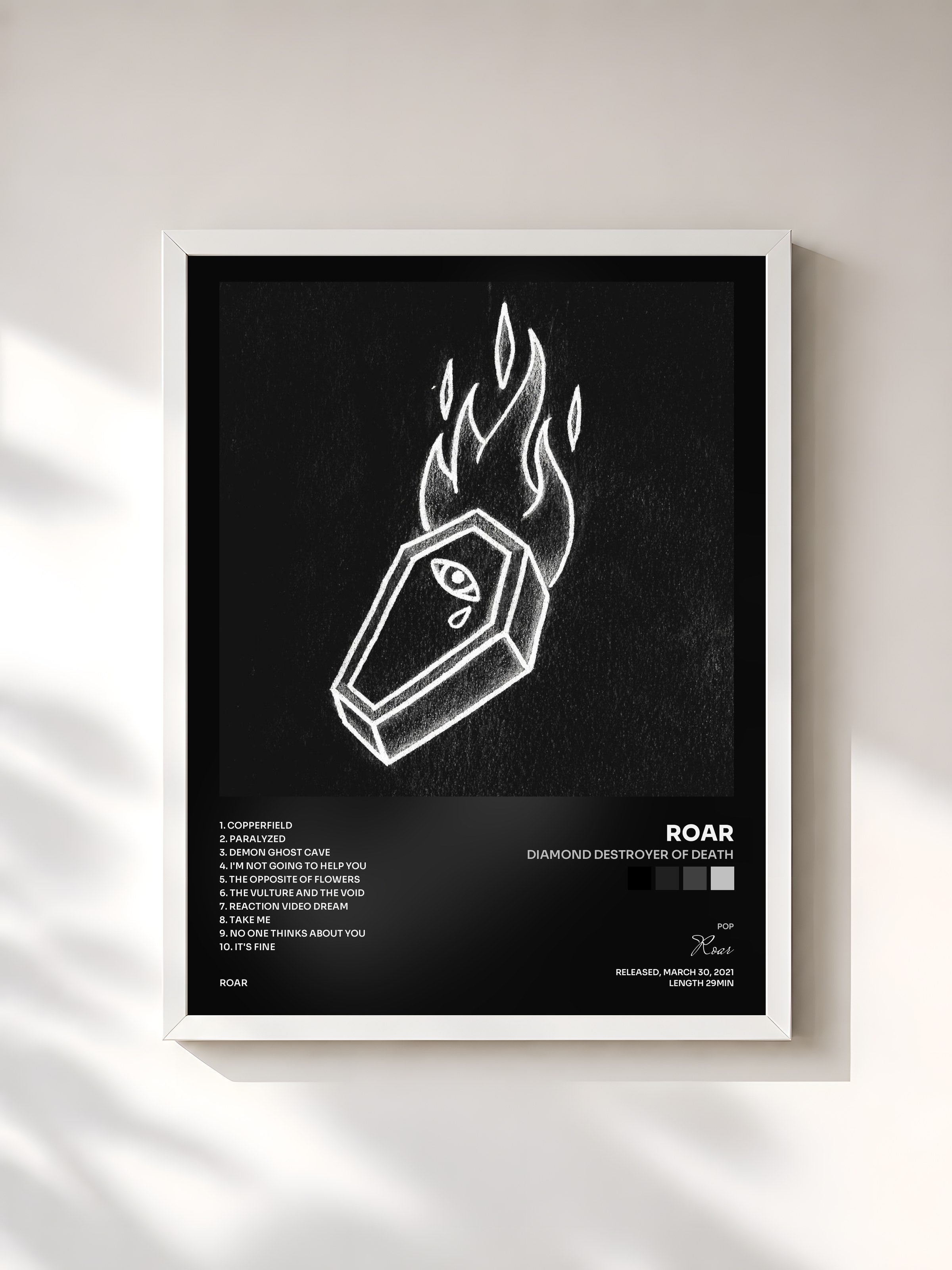 #blanc Tableau de l'album Diamond Destroyer of Death de Roar, cadre blanc, imprimé et encadré en France