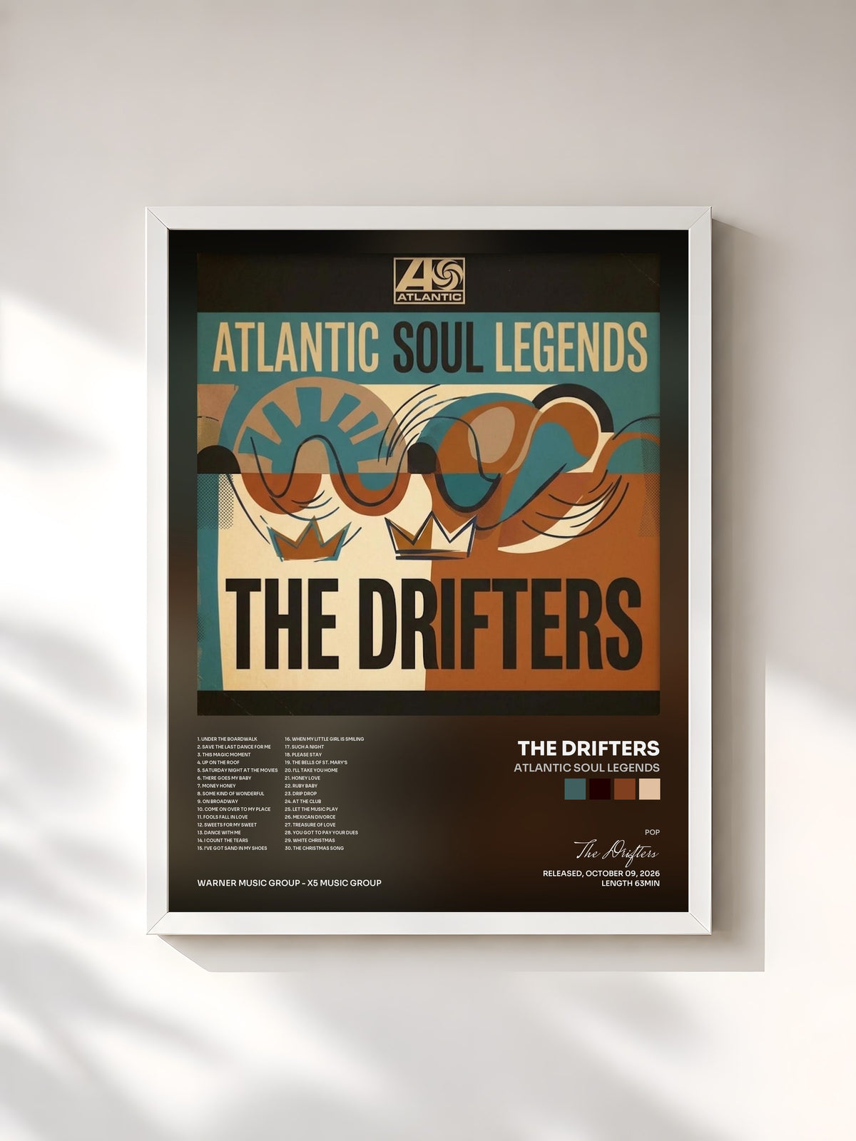 #blanc Tableau de l'album Atlantic Soul Legends de The Drifters, cadre blanc, imprimé et encadré en France