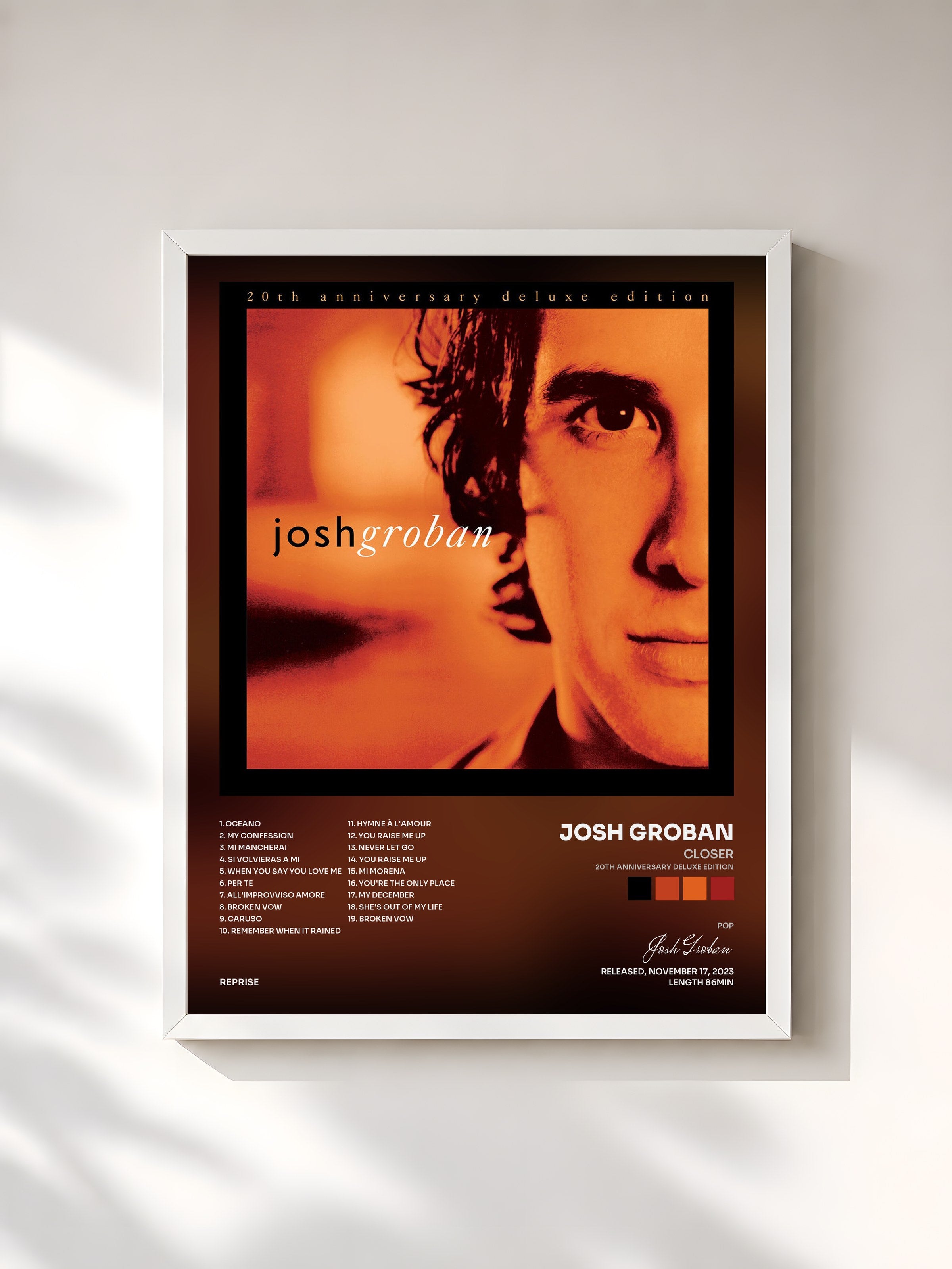 #blanc Tableau de l'album Closer (20th Anniversary Deluxe Edition) de Josh Groban, cadre blanc, imprimé et encadré en France