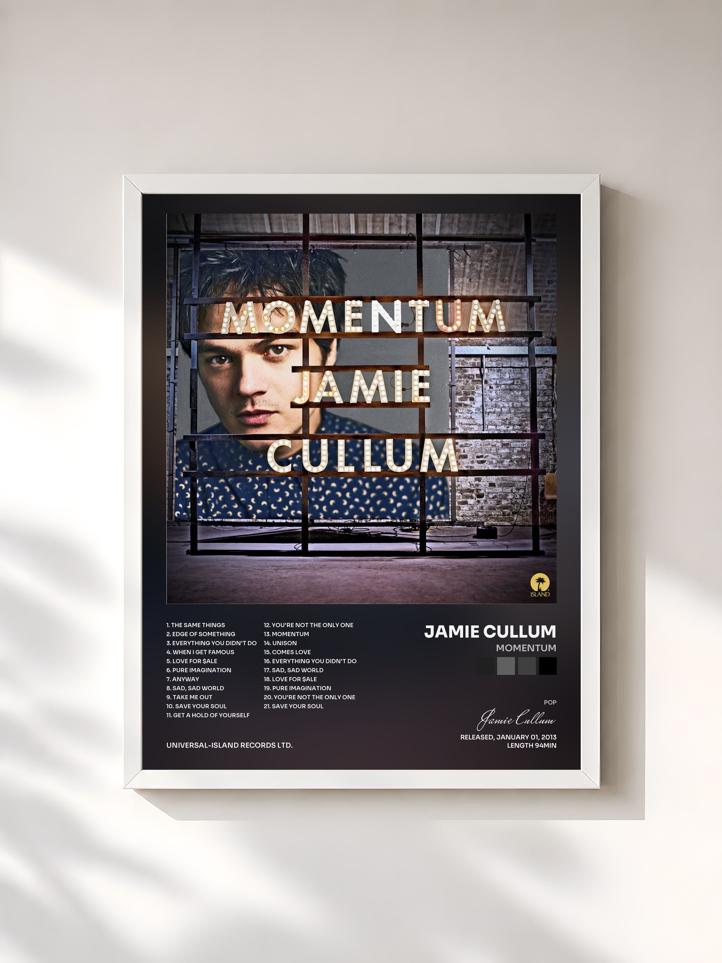 #blanc Tableau de l'album Momentum de Jamie Cullum, cadre blanc, imprimé et encadré en France