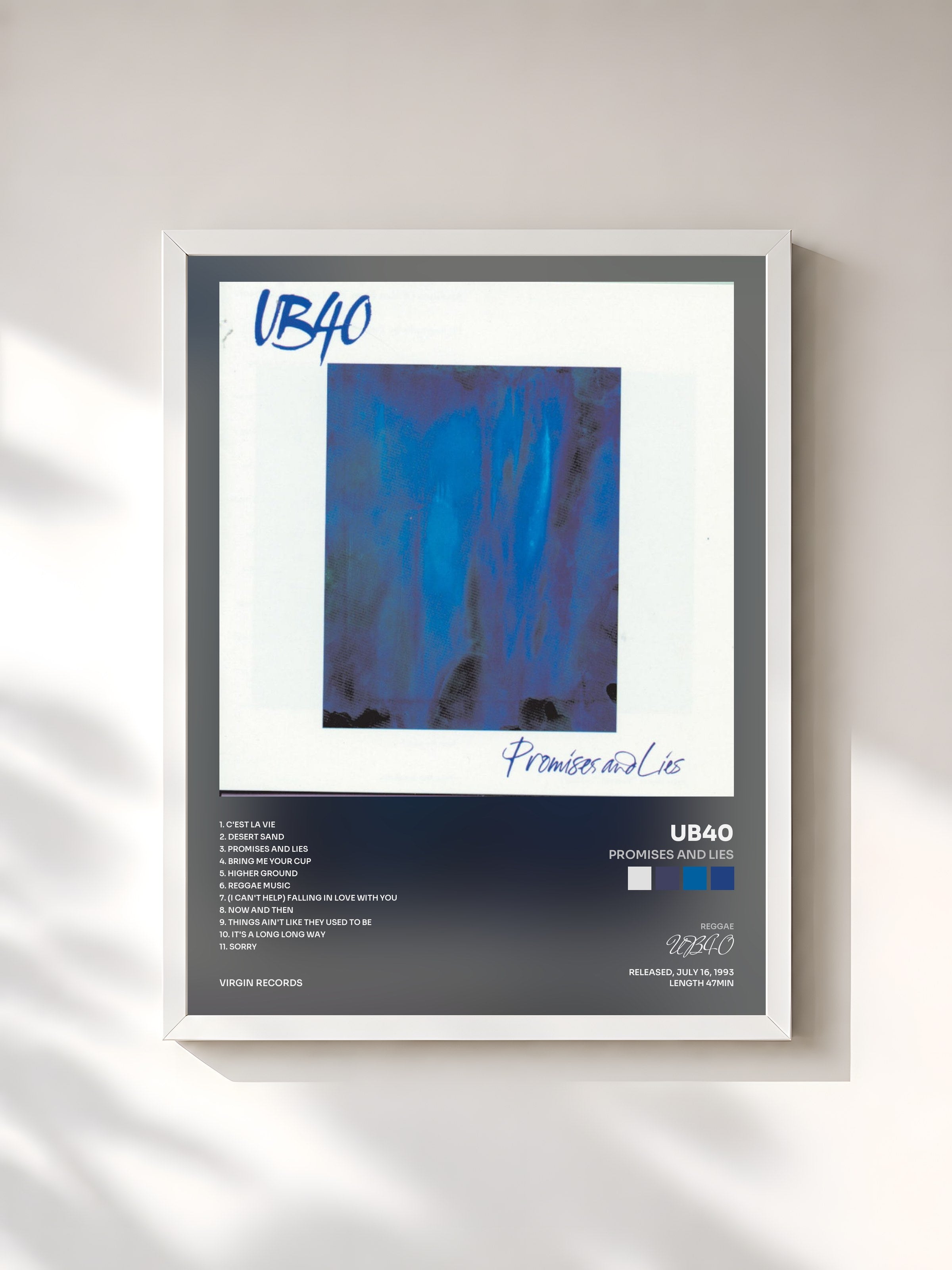 #blanc Tableau de l'album Promises And Lies de UB40, cadre blanc, imprimé et encadré en France