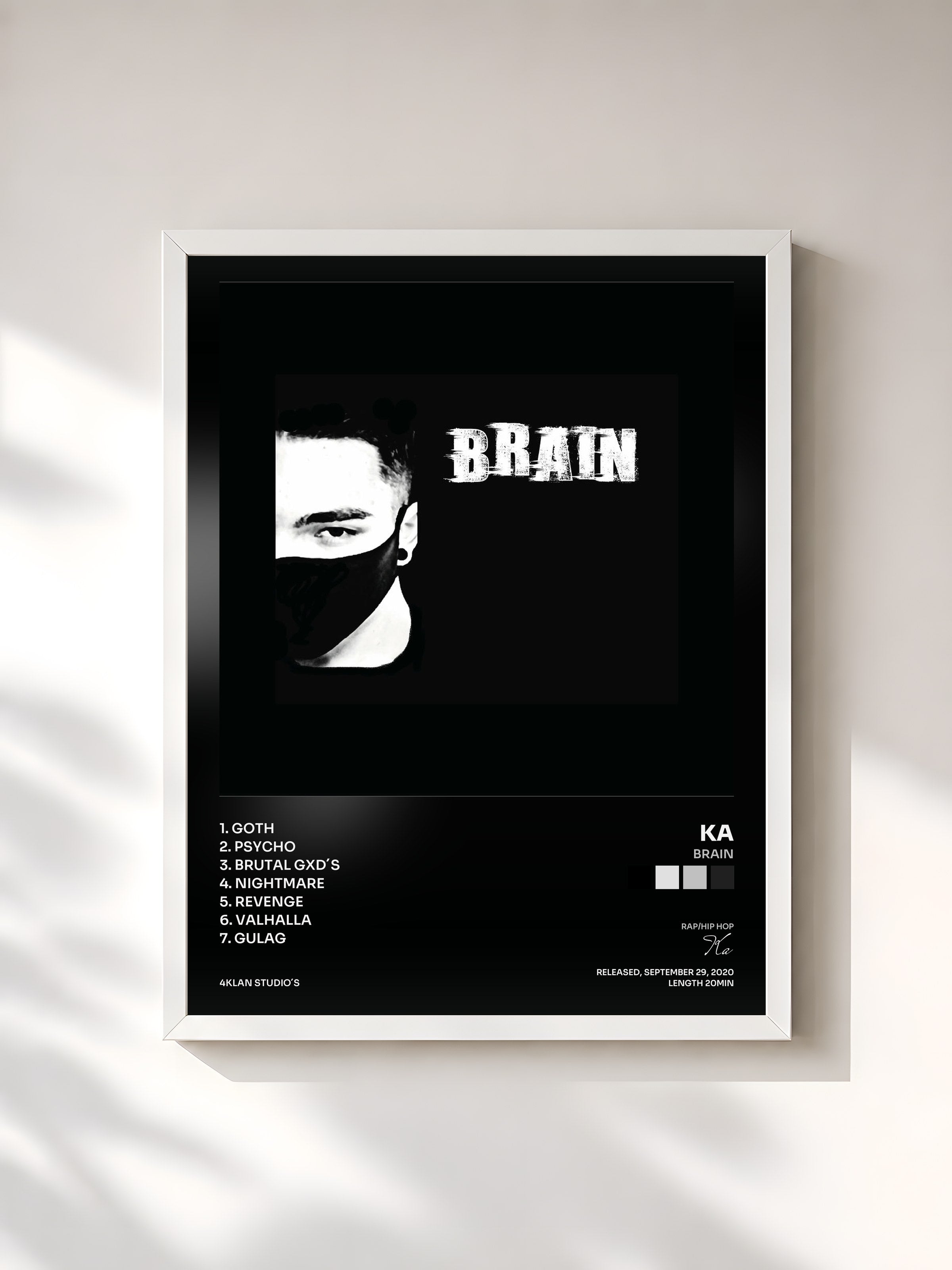#blanc Tableau de l'album Brain de Ka, cadre blanc, imprimé et encadré en France