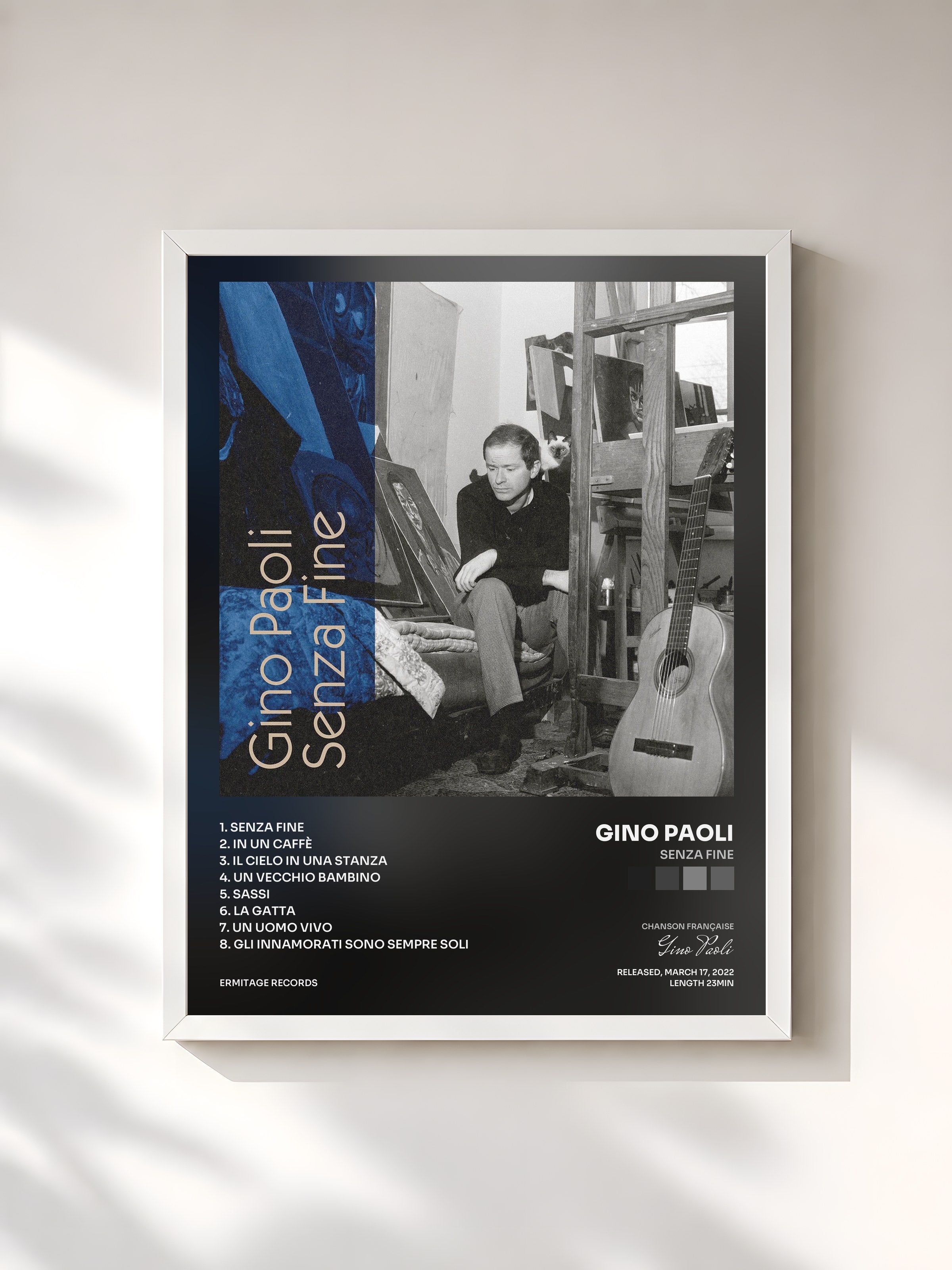 #blanc Tableau de l'album Senza Fine de Gino Paoli, cadre blanc, imprimé et encadré en France