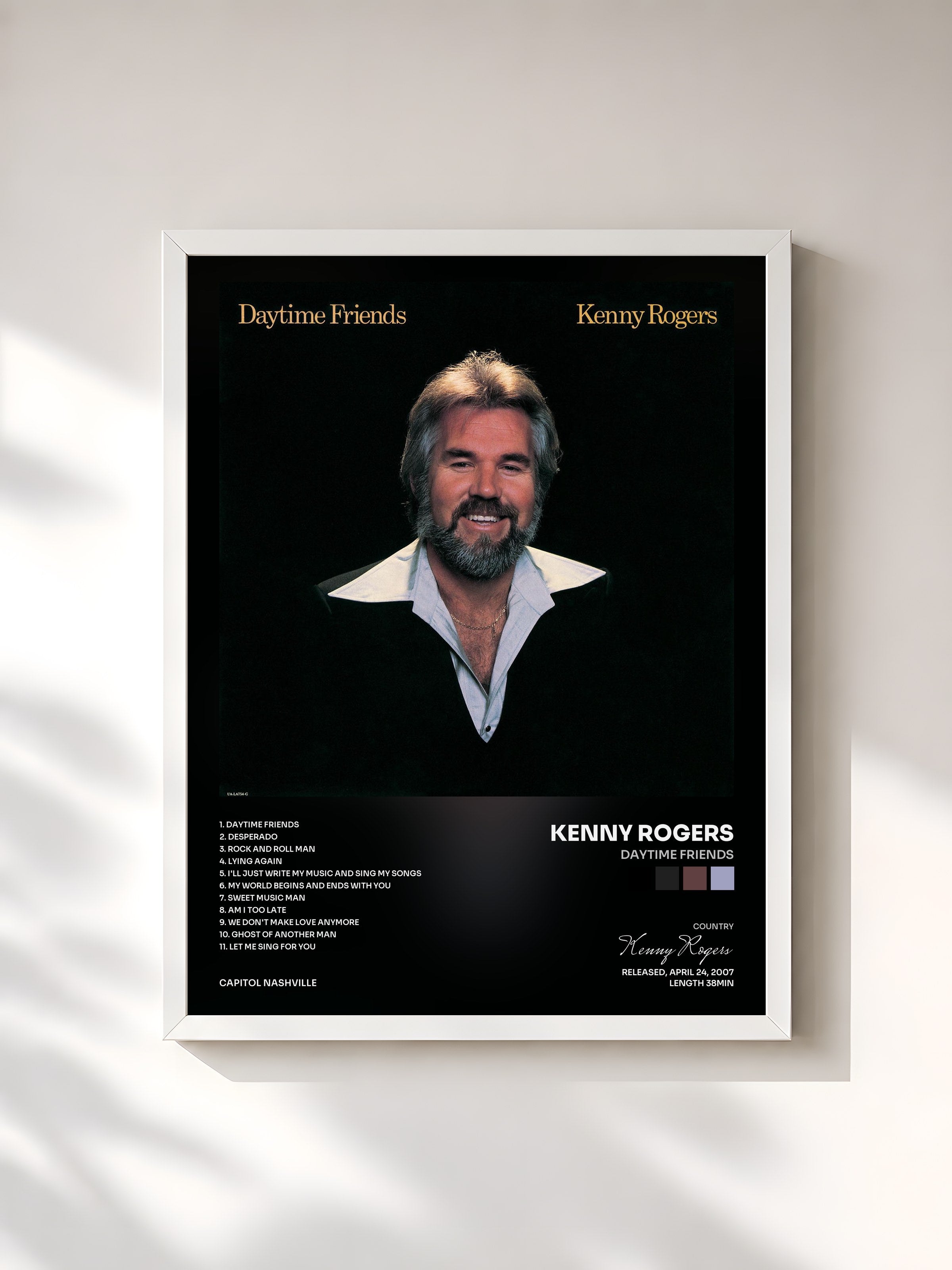 #blanc Tableau de l'album Daytime Friends de Kenny Rogers, cadre blanc, imprimé et encadré en France